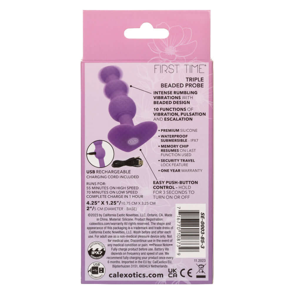 Packaging of First Time Triple Beaded Probe - Purple with features and specifications described.