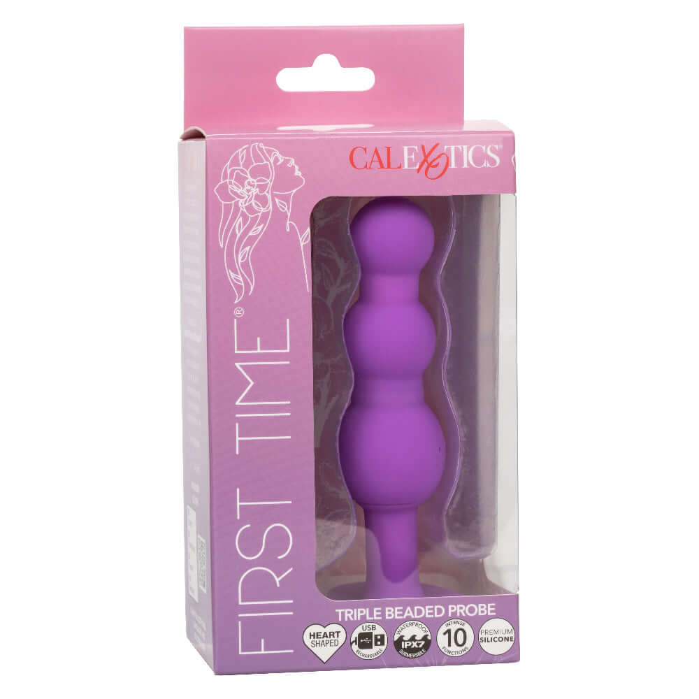 First Time Triple Beaded Probe - Purple Packaging, 10 Vibration Functions, Beaded Design for Sensual Pleasure