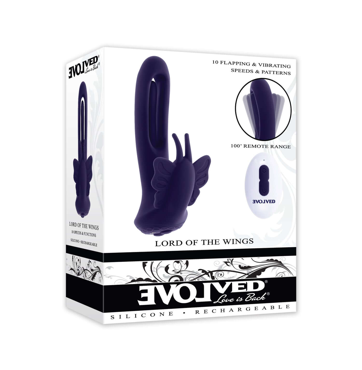 Evolved Lord of the Wings purple remote control vibrator with flapping function and rechargeable design, perfect for dual pleasure.