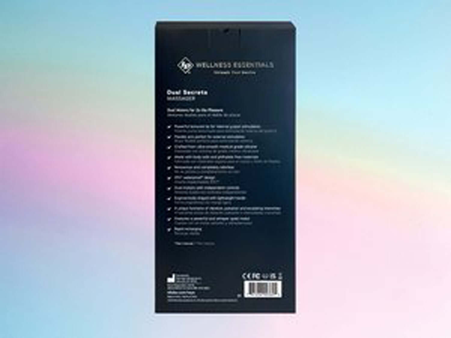 Back packaging of Dual Secrets Massager highlighting features and specifications in sleek design.