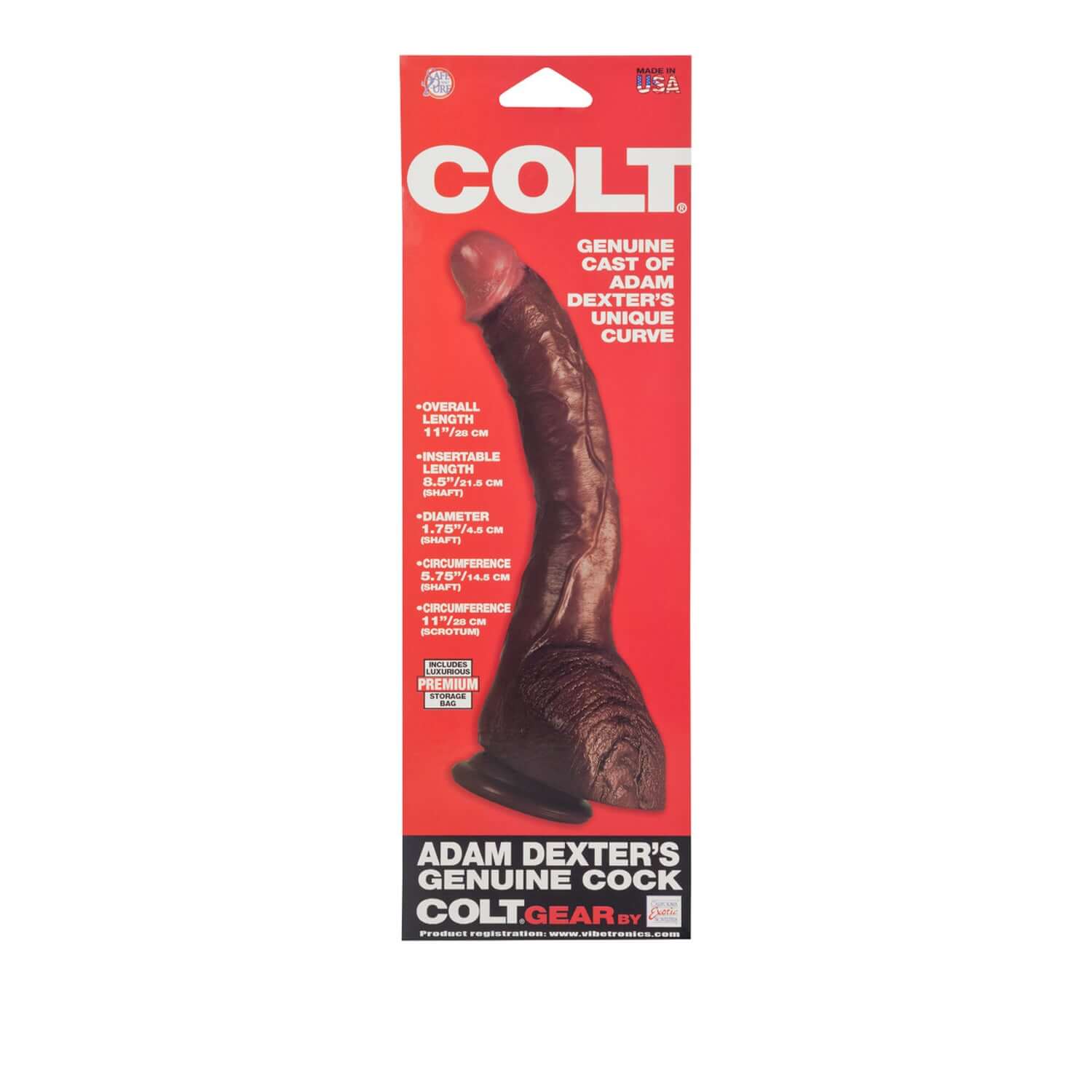 Genuine cast of Adam Dexter's brown cock with suction cup base and details on length and girth. Perfect for adult pleasure.