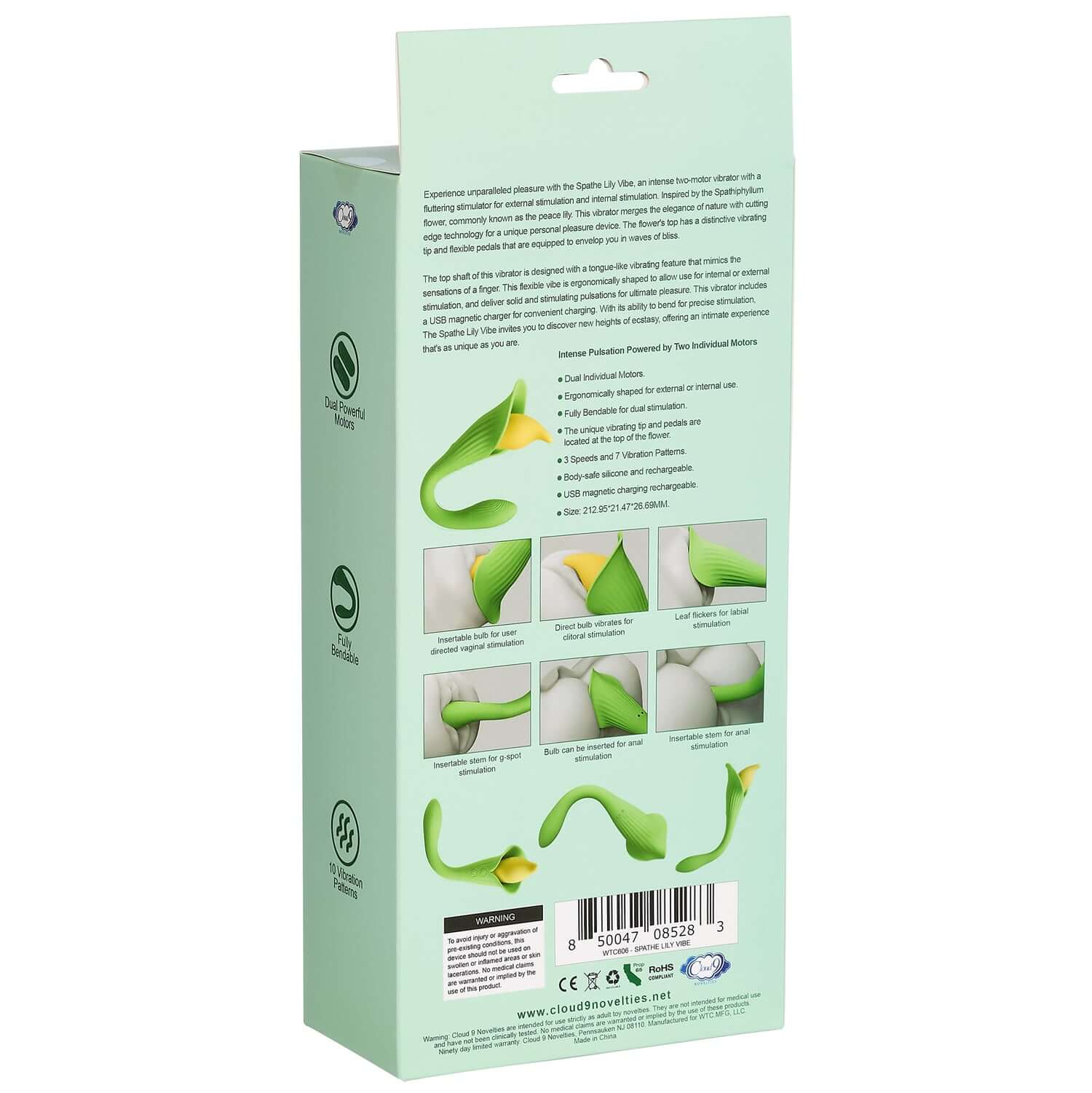 Back of Spathe Lily Vibe Green packaging showing product features and multiple angles with a floral-inspired design.