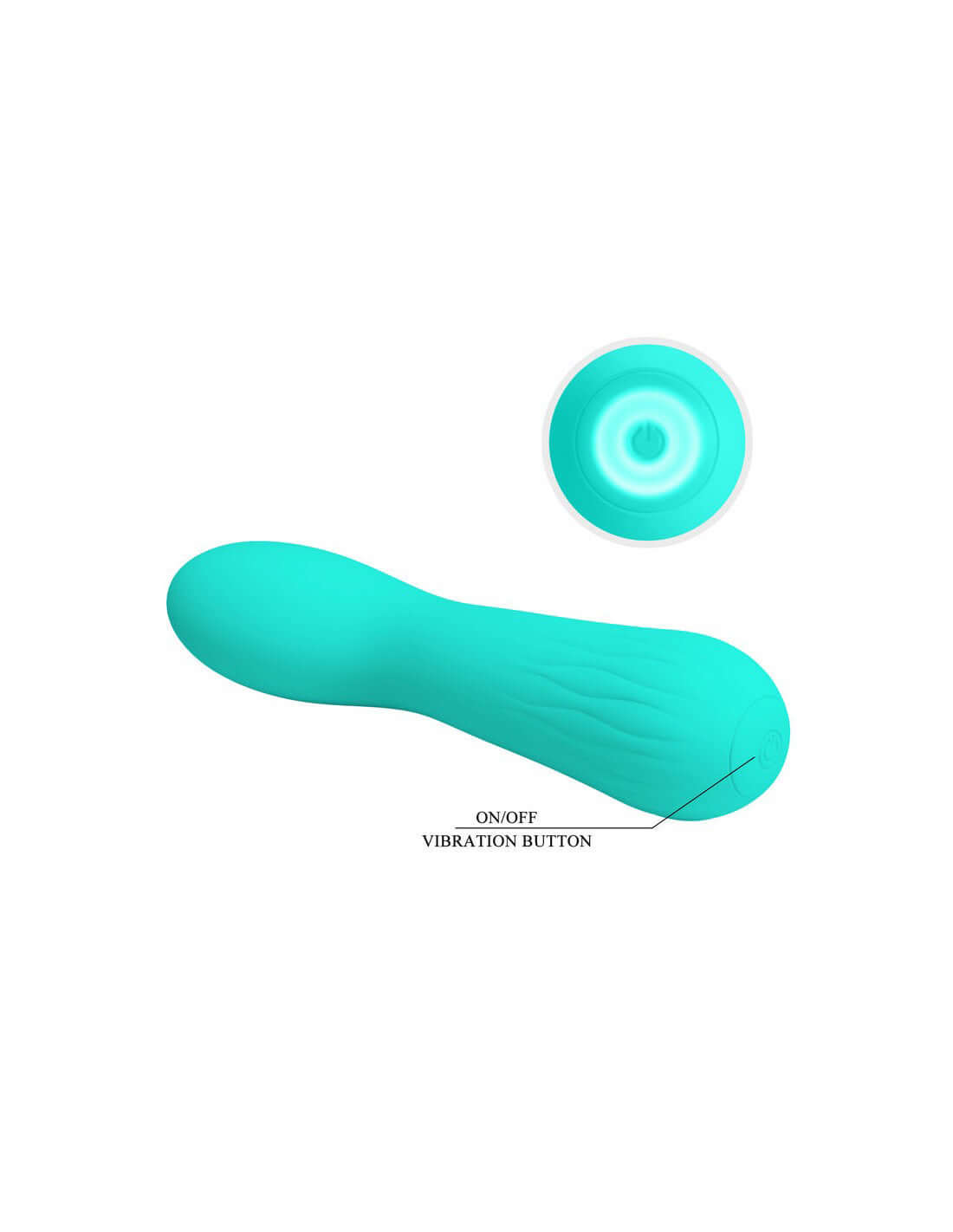 Turquoise Faun Rechargeable Vibrator with super soft silicone, curved design, and multiple functions featuring an on/off vibration button.