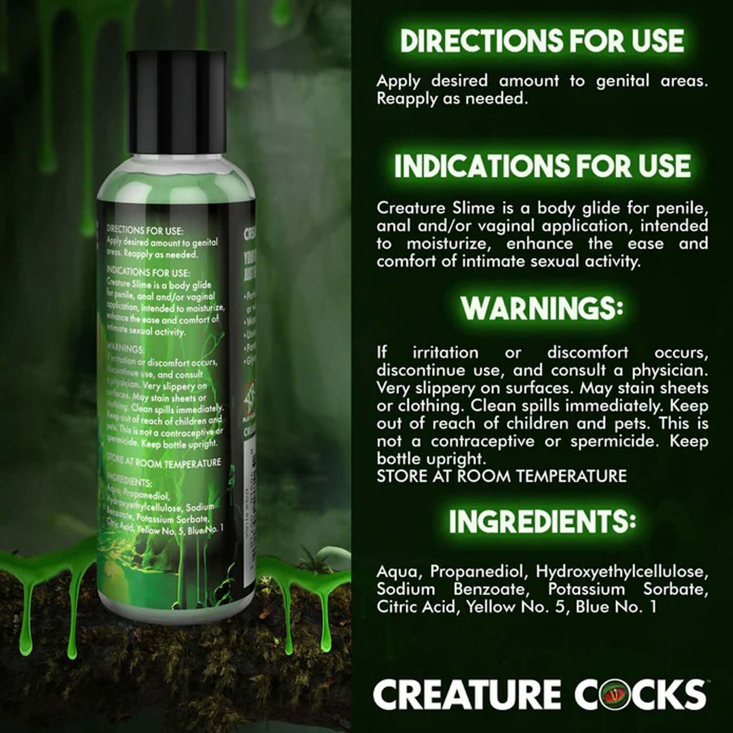 Bottle of 4oz Creature Slime Green Slime Water-Based Lubricant with directions, indications, warnings, and ingredients listed.