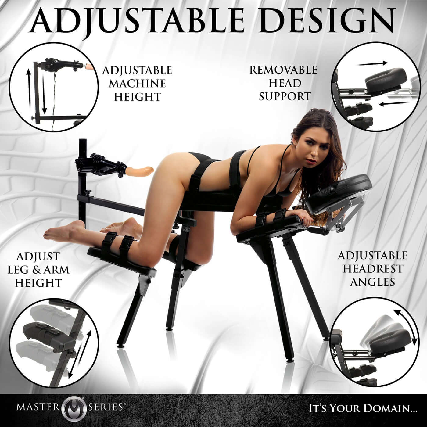 Adjustable Obedience Bench with Detachable Sex Machine, Arm and Leg Pads, and Headrest in Black for Versatile Body Positions