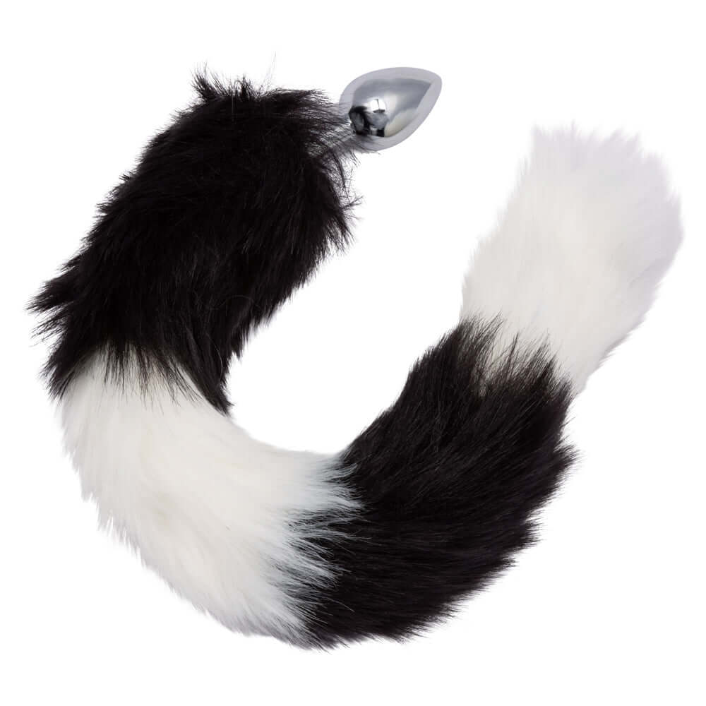 Black and white Running Wild Tail anal plug with metallic probe and luxurious long fur tail.