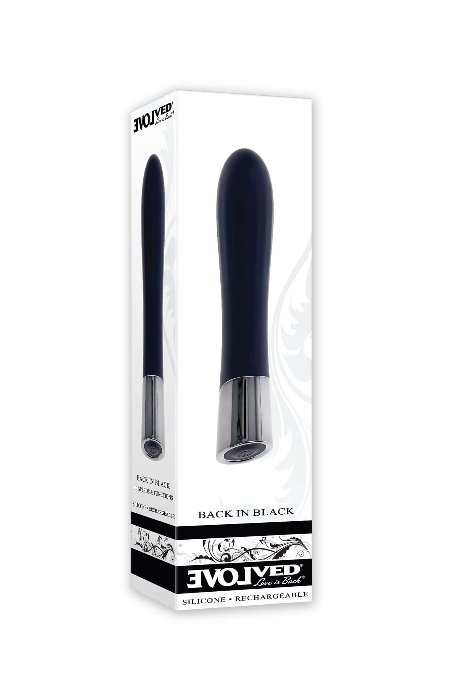 Back in Black vibrator in sleek packaging, featuring silicone and chrome-tip design for enhanced pleasure.