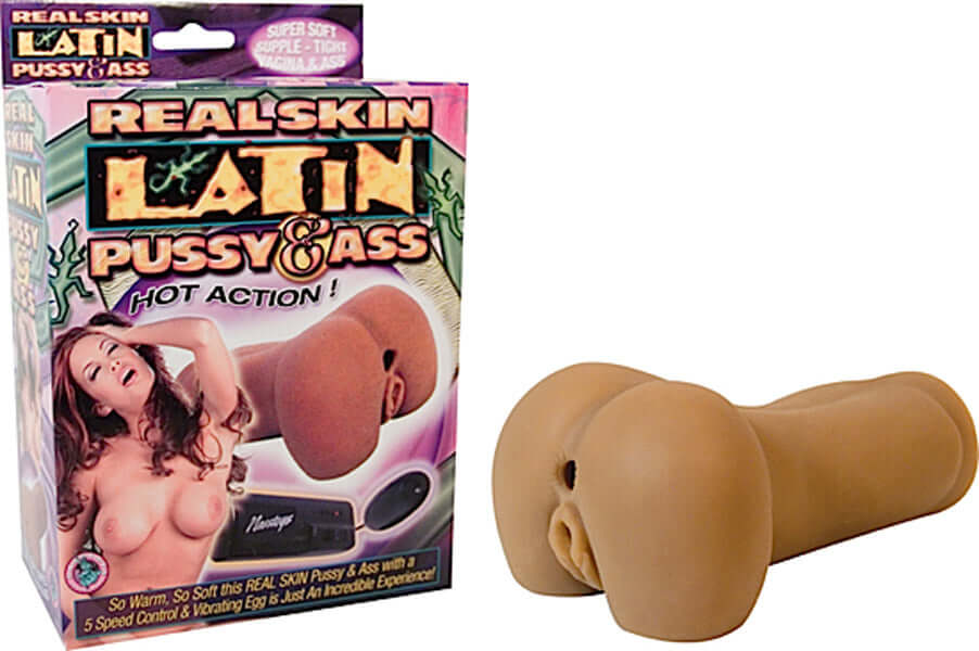 Real Skin Latin Pussy and Ass Masturbator with packaging featuring life-like fleshy material, 5-speed vibrating bullet, and realistic dimensions.