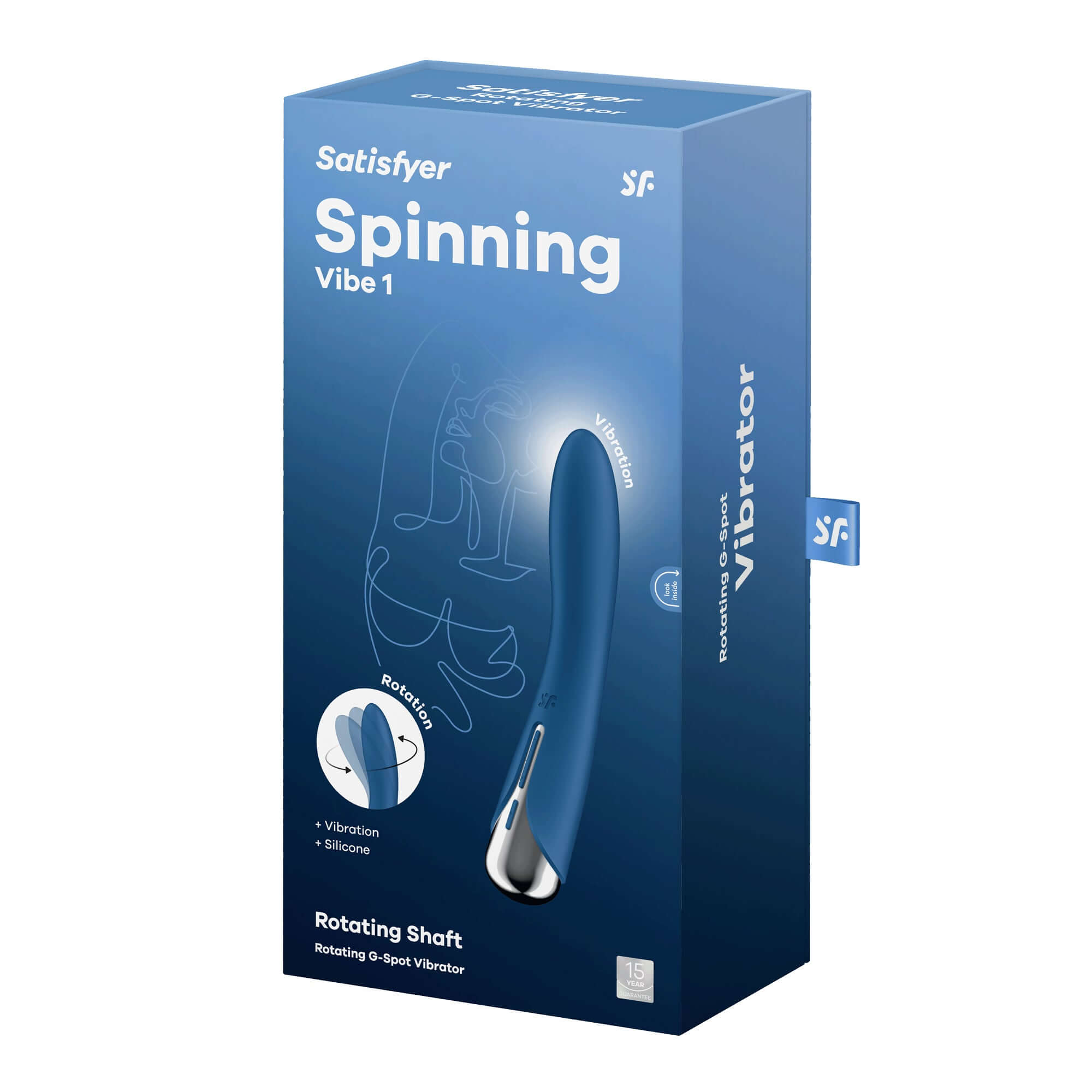 Satisfyer Spinning Vibe 1 blue packaging, featuring a rotating G-spot vibrator with intense vibrations and silicone design.