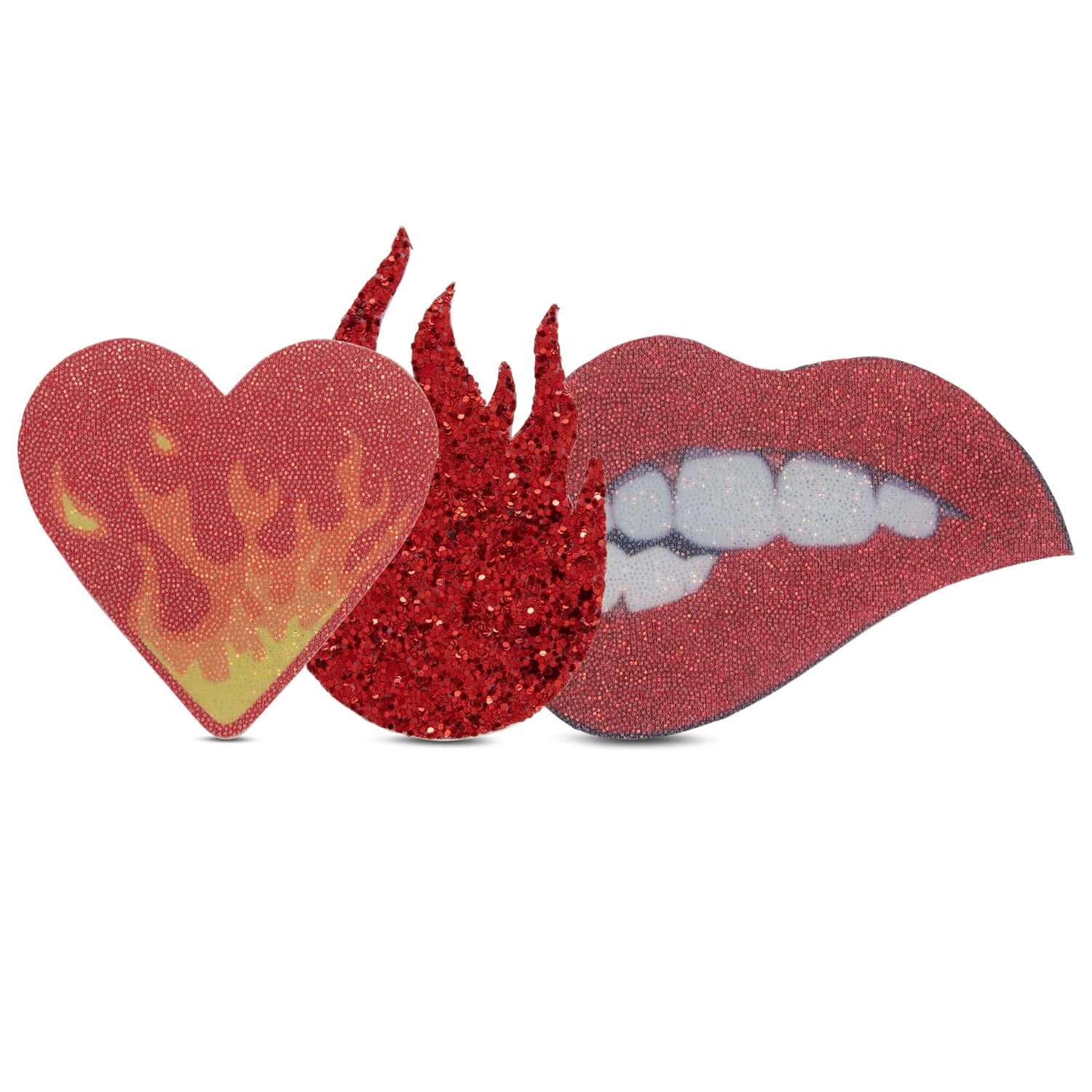 Sparkling KandiHouse flaming hot pack pasties in heart, flame, and lips shapes, perfect for stylish and hassle-free coverage.