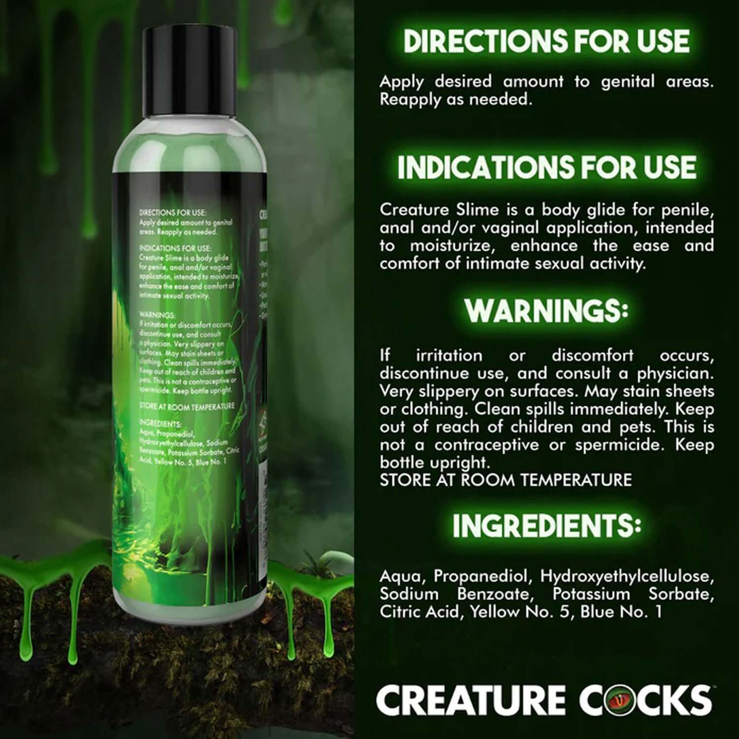 Green Creature Slime lubricant bottle with directions, indications, warnings, and ingredients list on label.