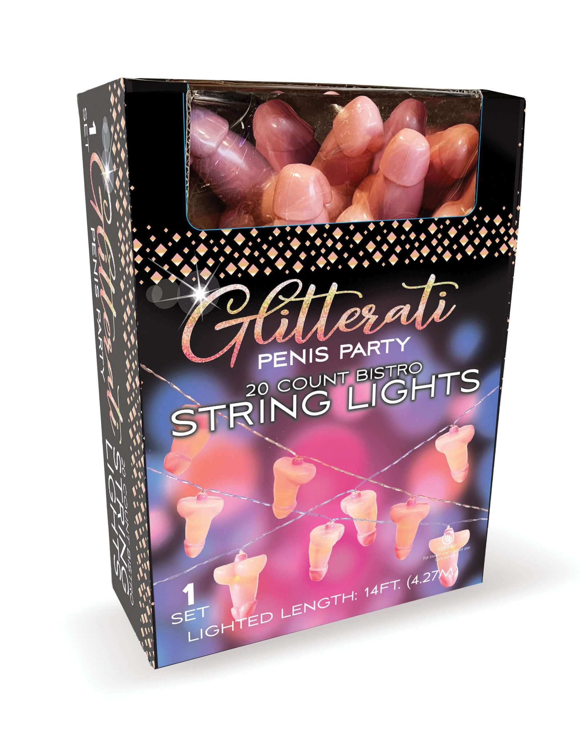 Penis-shaped string lights packaging with 20 lights for a fun party ambiance, Glitterati brand, lighted length of 14 feet