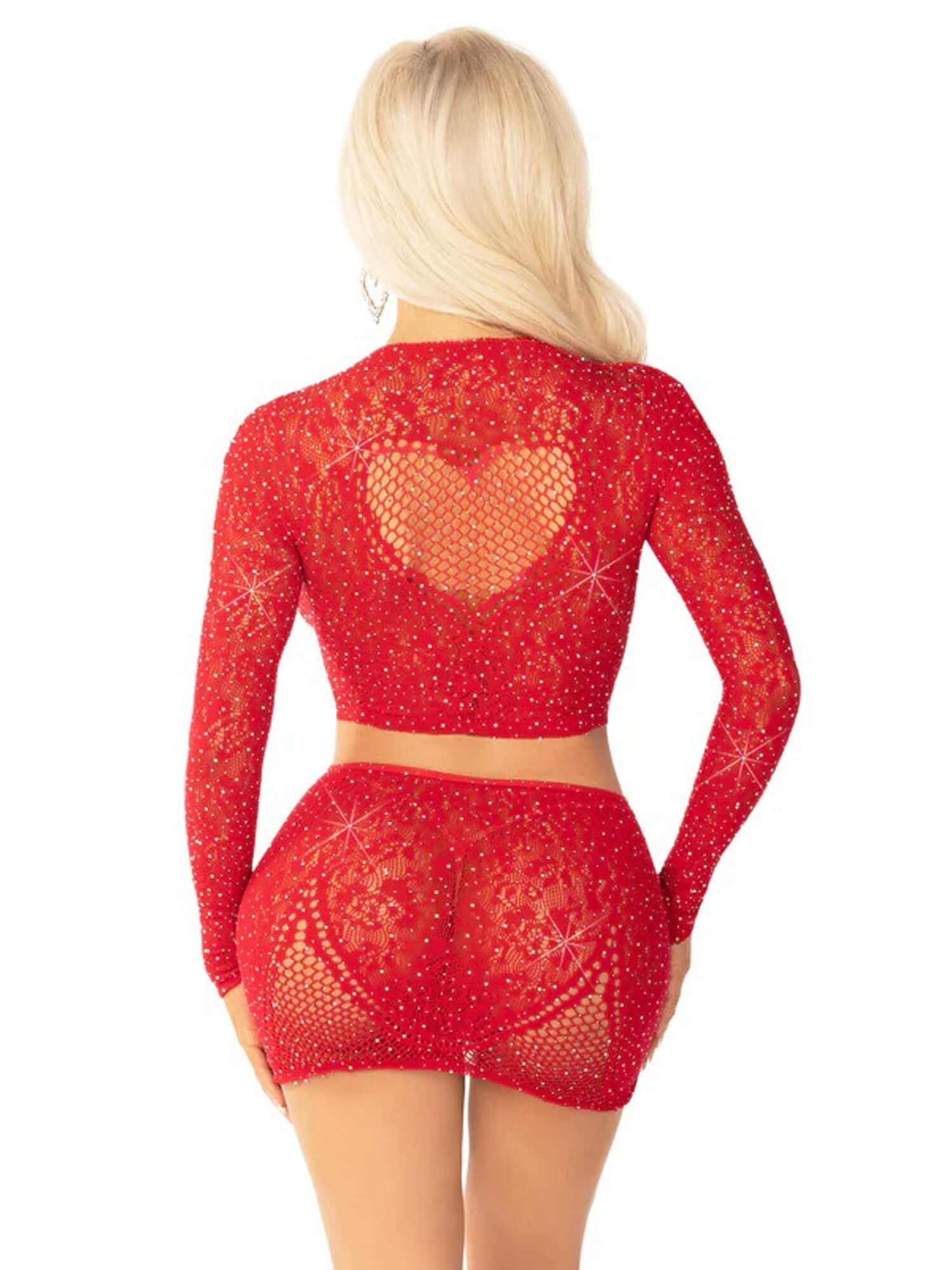 Red rhinestone lace crop top and mini skirt with heart keyhole detail, one-size, back view.