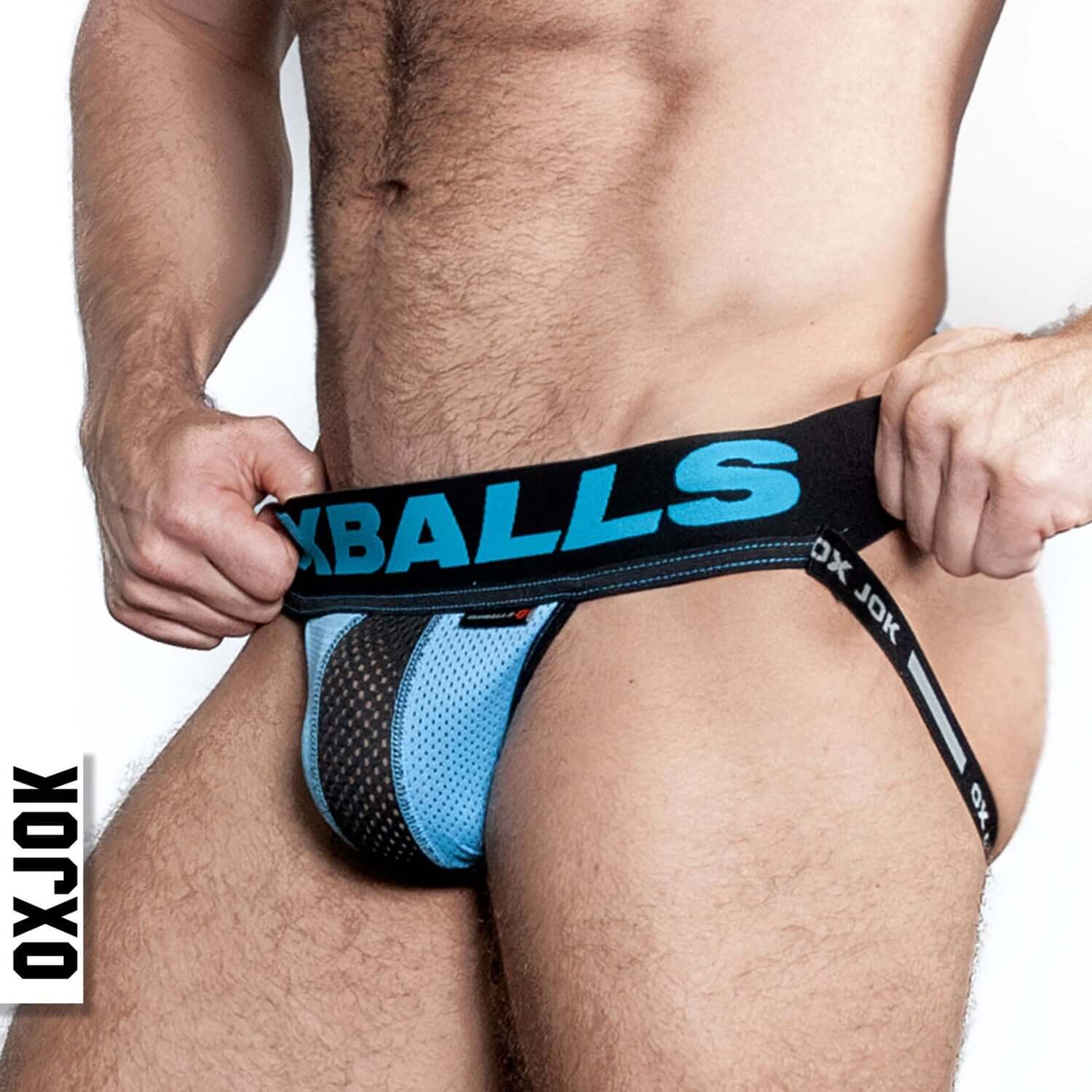 Airmesh Upthrust Slider-Strap Jock Sky Blue XL by Oxballs showcasing comfort and support with black and blue waistband and tri-fold pouch