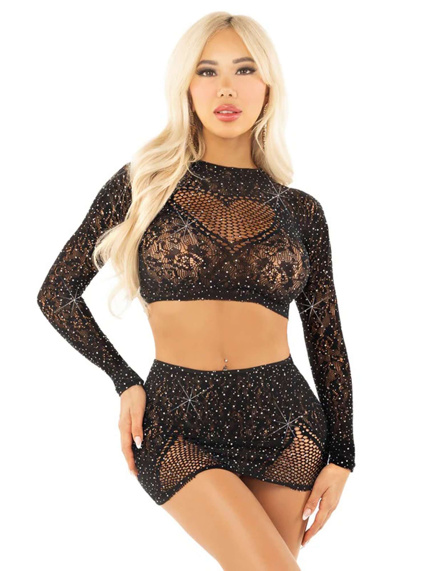 Black rhinestone lace crop top with heart keyhole detail and mini skirt, one size fits most, nylon and spandex blend.