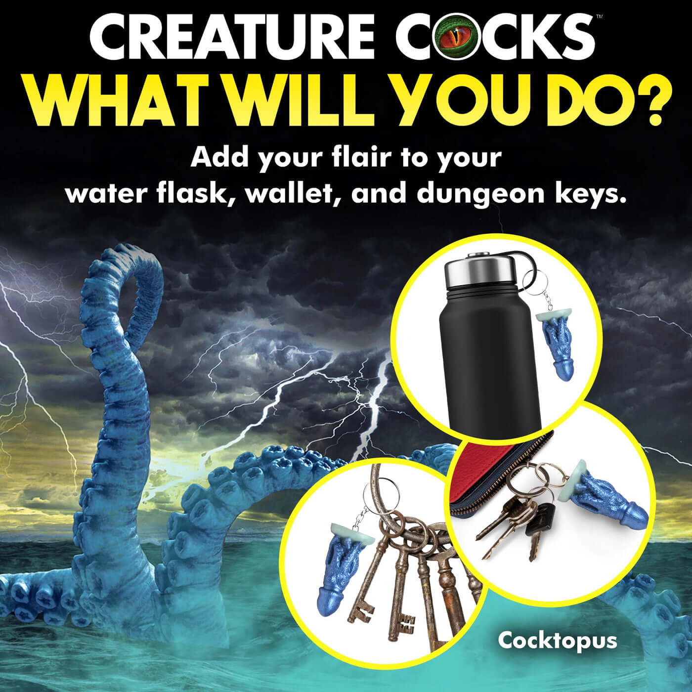 Blue Cocktopus Keychain on water flask, keys, and bag with ocean background