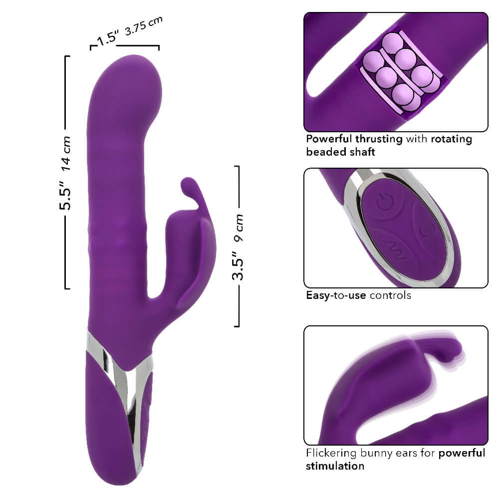 Enchanted Flutter Massager - Purple with dimensions, rotating beaded shaft, easy-to-use controls, and flickering bunny ears for powerful stimulation.