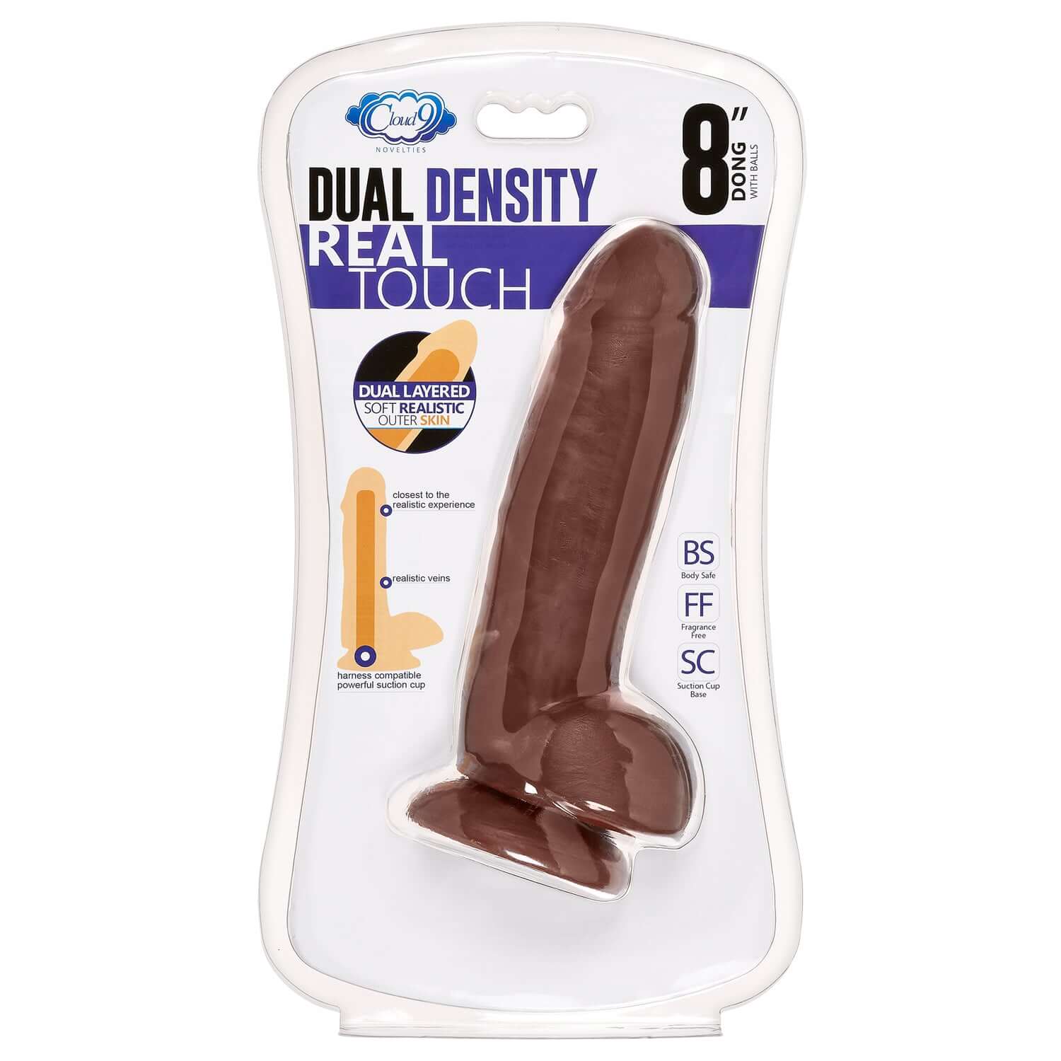 Brown 8" dual density realistic dildo with veins and balls, featuring soft skin and powerful suction cup, in retail packaging.