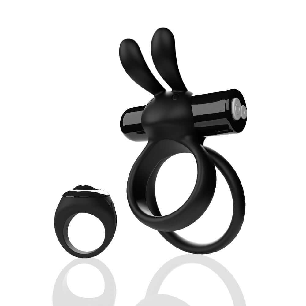 Screaming O Remote Controlled Ohare XL black vibrating double cock ring with rabbit ears and wireless remote control.