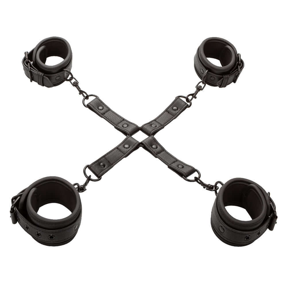 Nocturnal Collection Hog Tie with adjustable black leather cuffs and secure buckles for restraint play.