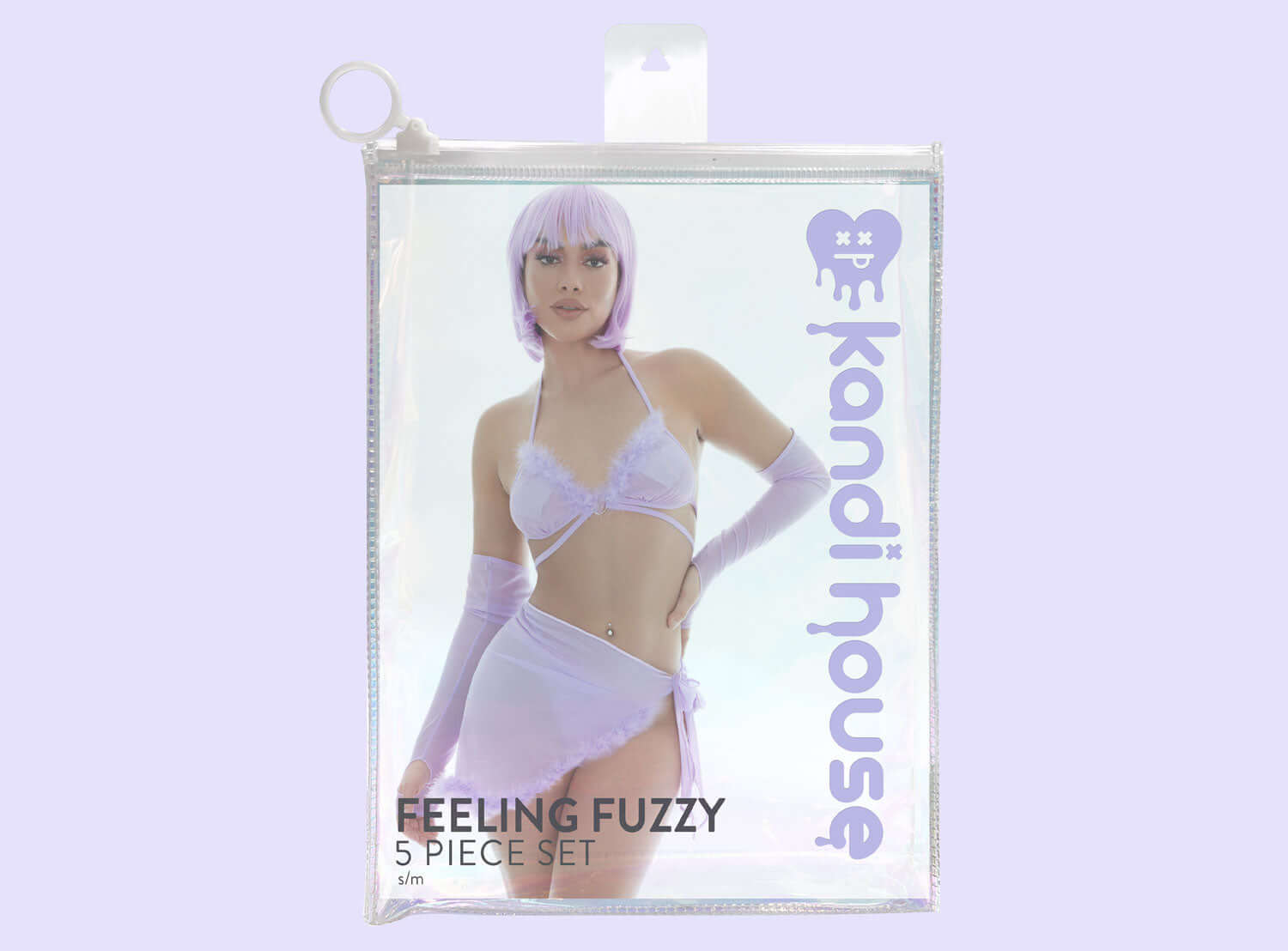 KandiHouse Feeling Fuzzy 5pc Set in lilac with bra, sarong, G-string, gloves, and pasties, displayed in a clear packaging bag.