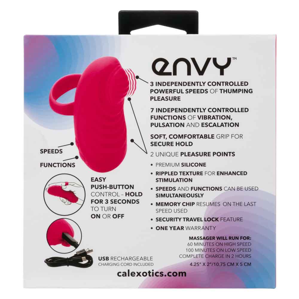 Box packaging of the Envy Handheld Thumping Massager highlighting features such as 3 controlled thumping speeds, 7 functions, and USB rechargeability