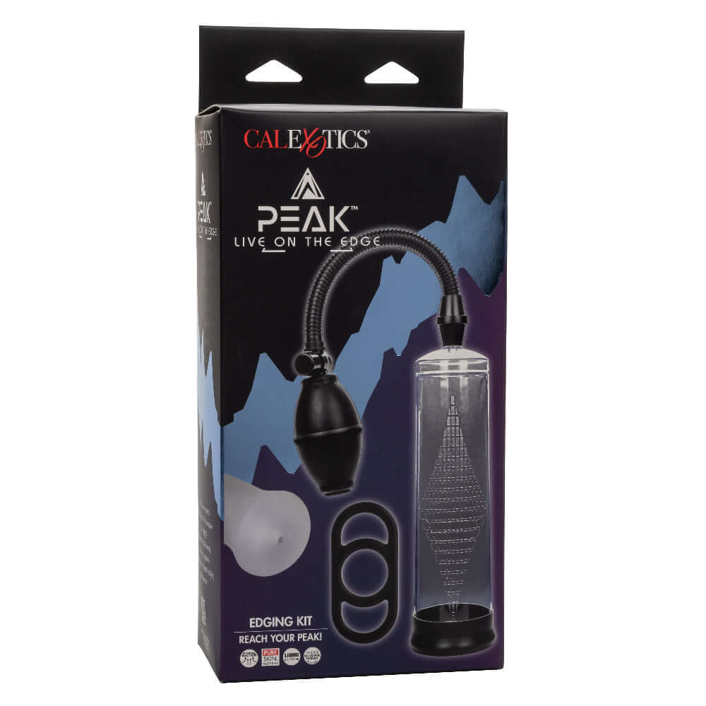 Peak Edging Kit Penis Pump - Black/Clear packaging with pump, enhancer ring, and stroker components, designed for enhanced satisfaction