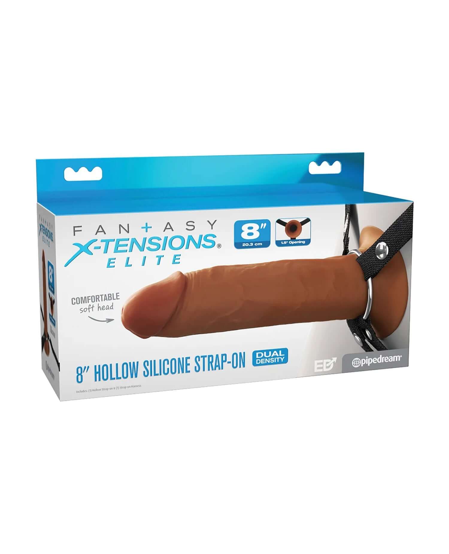 Fantasy X-Tensions Elite 8" hollow silicone strap-on in packaging, featuring dual density design and comfortable soft head.