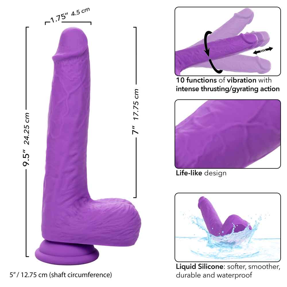 Purple Rechargeable Gyrating and Thrusting Silicone Studs with dimensions and features including life-like design and 10 vibration functions.