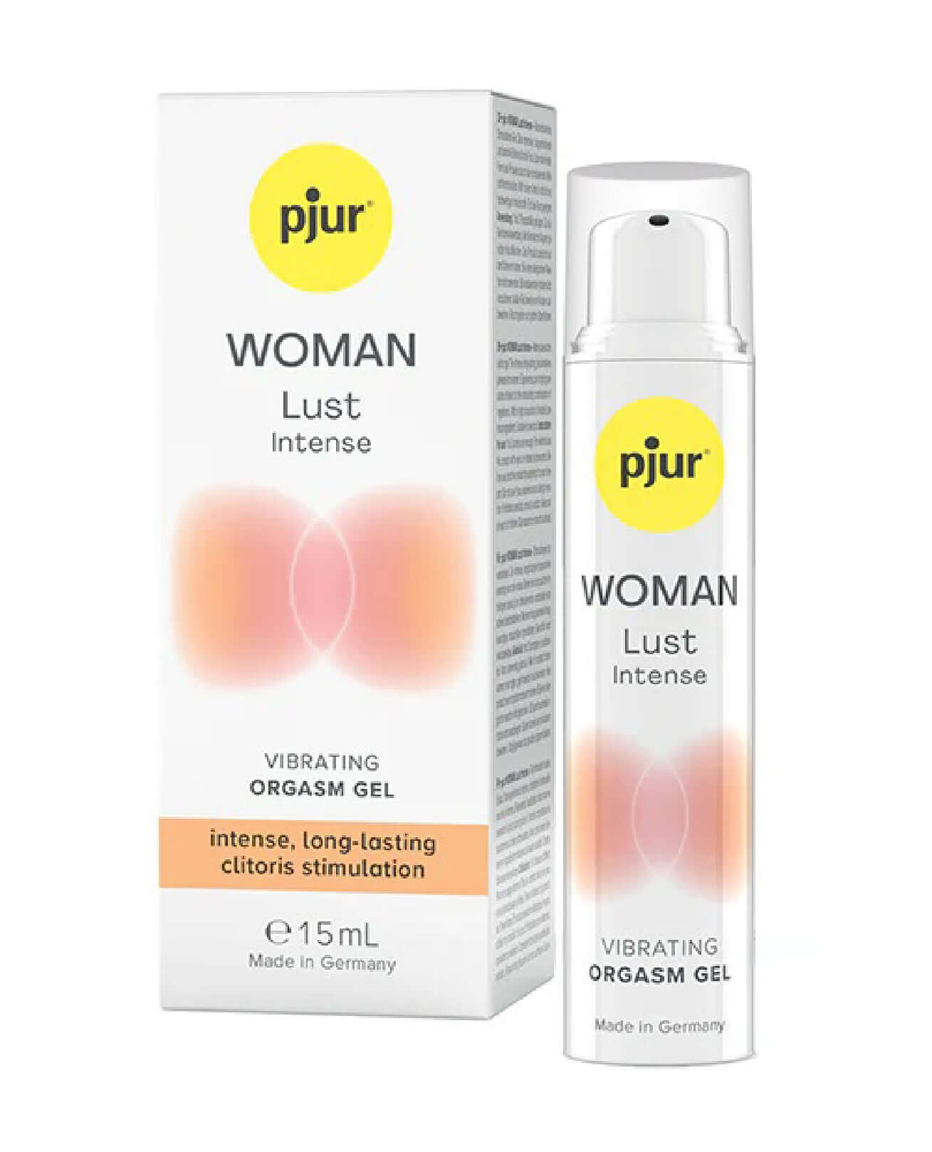 Pjur Woman Lust Intense Orgasm Gel 15 ml packaging and bottle, intense, long-lasting clitoral stimulation, water-based gel for women.