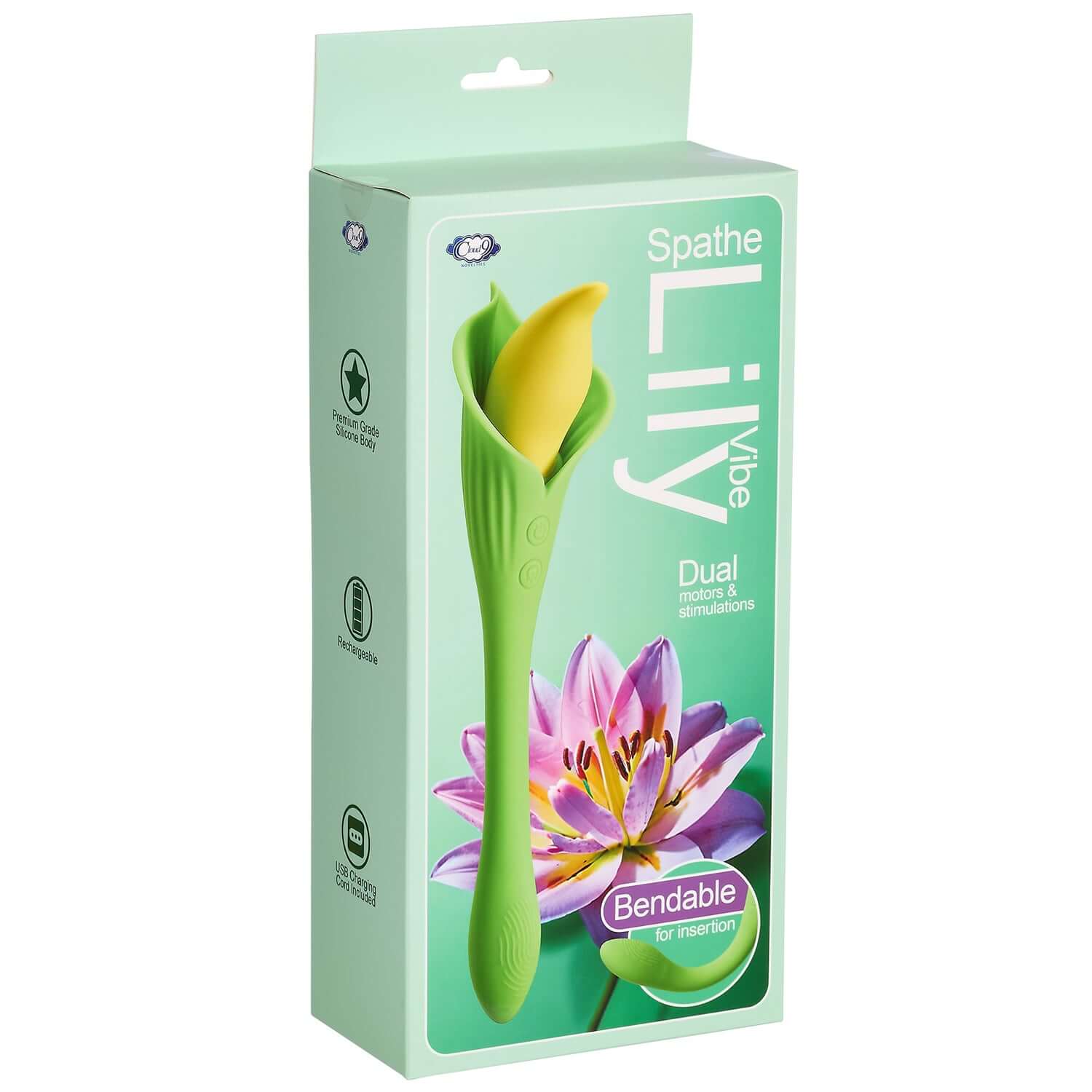 "Spathe Lily Vibe Green vibrator with dual motors, elegant lily design, and bendable feature for personalized pleasure."