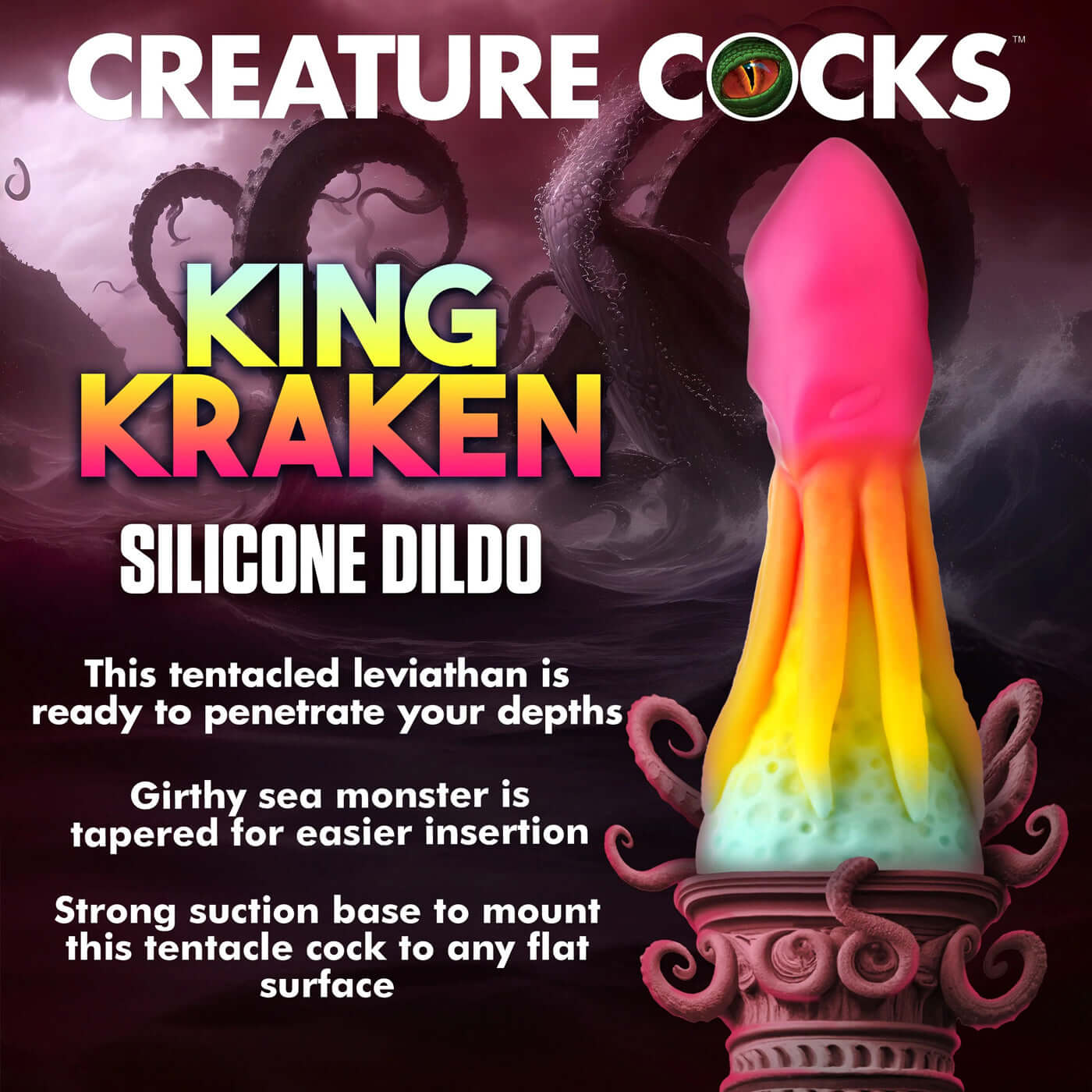 King Kraken Silicone Dildo with rainbow colors, tentacle design, triangular head, and strong suction base for hands-free pleasure