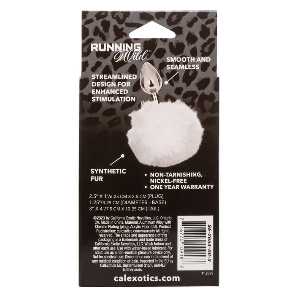 Packaging of Running Wild Bunny Anal Plug with white fluffy tail, showcasing streamlined design, synthetic fur, and sleek metallic probe.