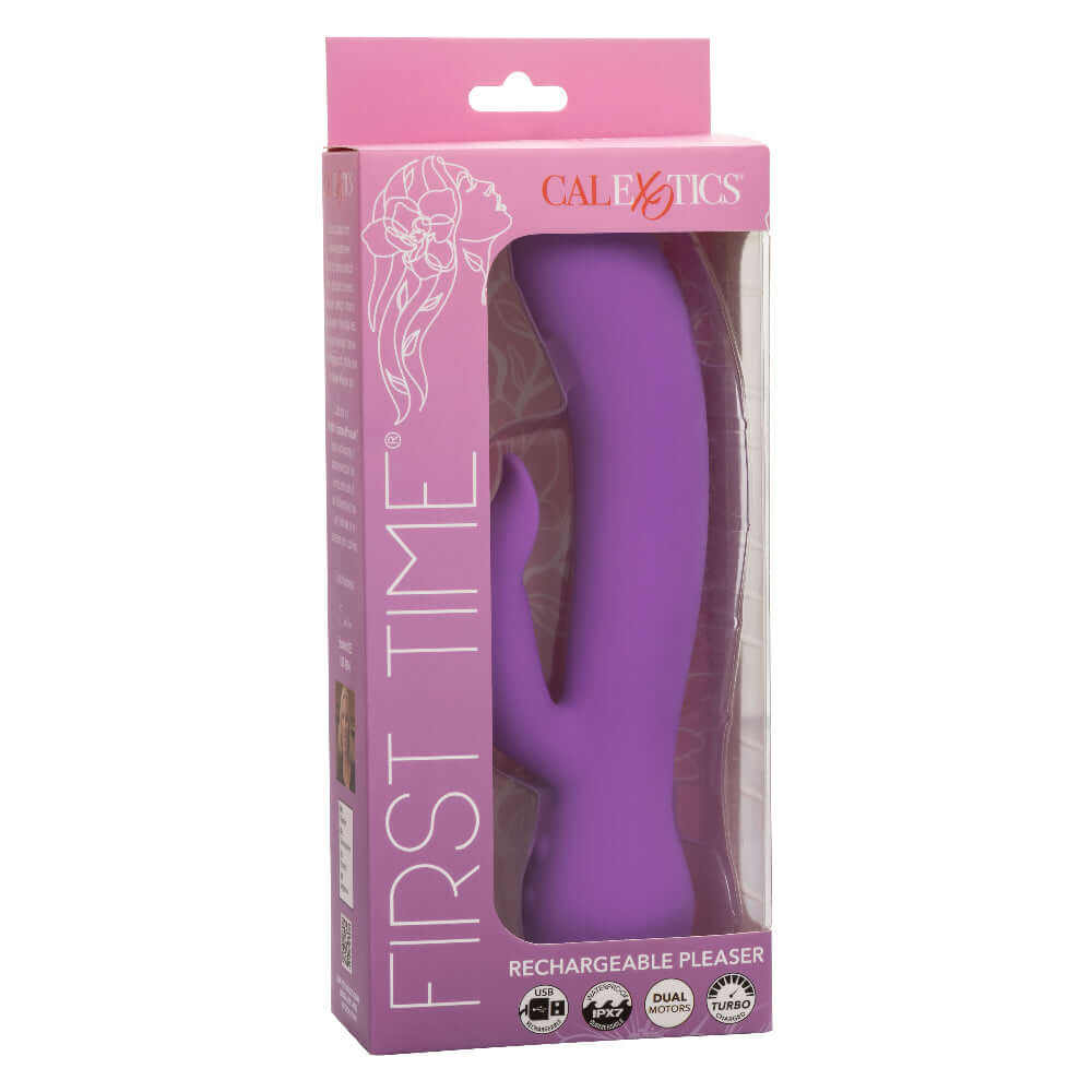 First Time Rechargeable Rabbit Pleaser Purple in packaging showing dual stimulation and turbo boost features.