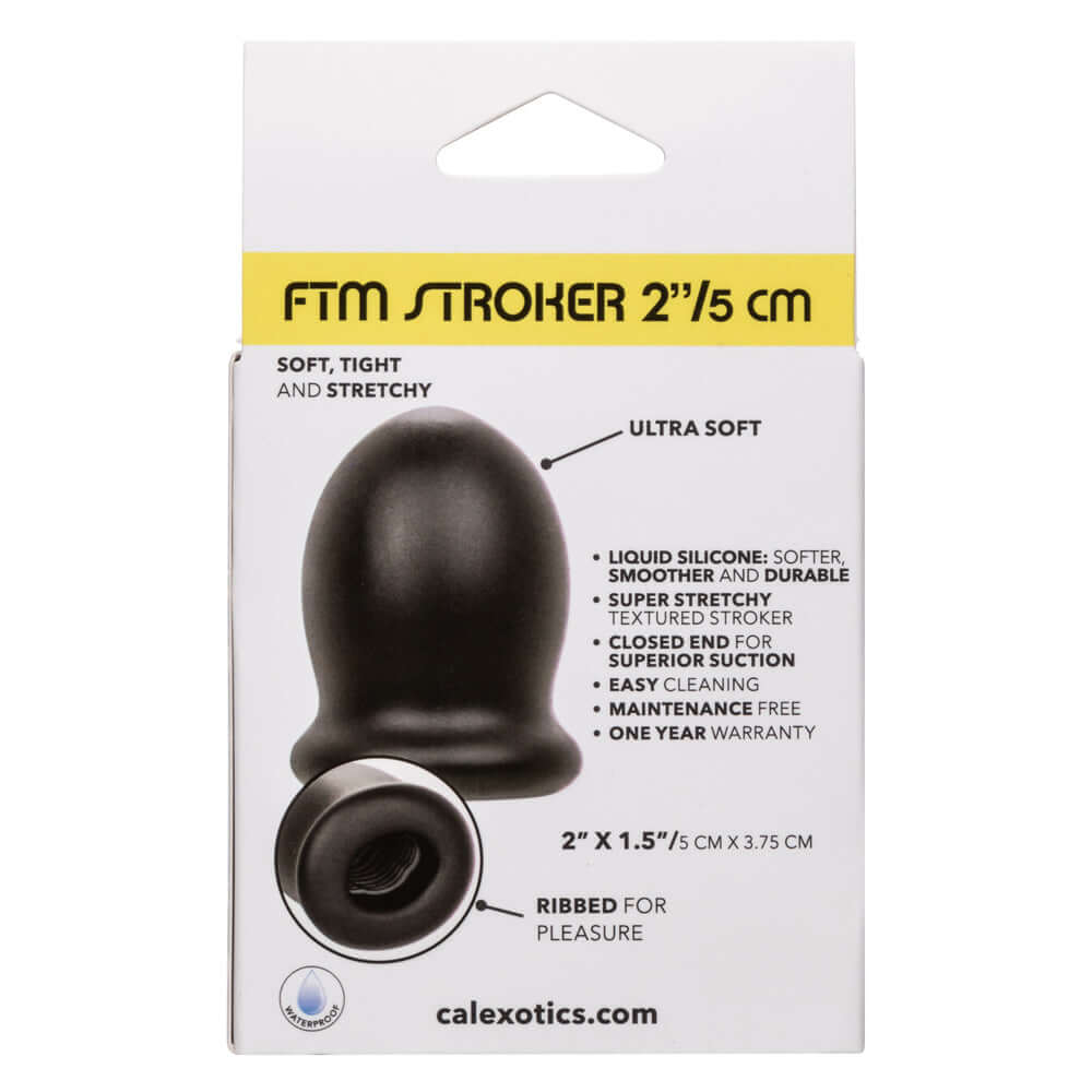 Box of Boundless FTM Stroker 2 Inch 5 Cm showing soft, tight, and stretchy features in liquid silicone for ultimate stroking experience