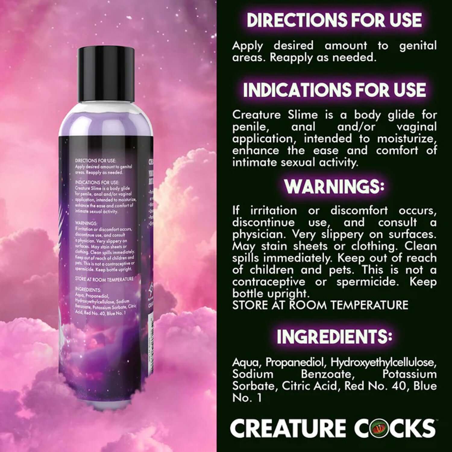 8oz Creature Slime Purple Water-Based Lubricant Bottle with Usage Instructions and Ingredients