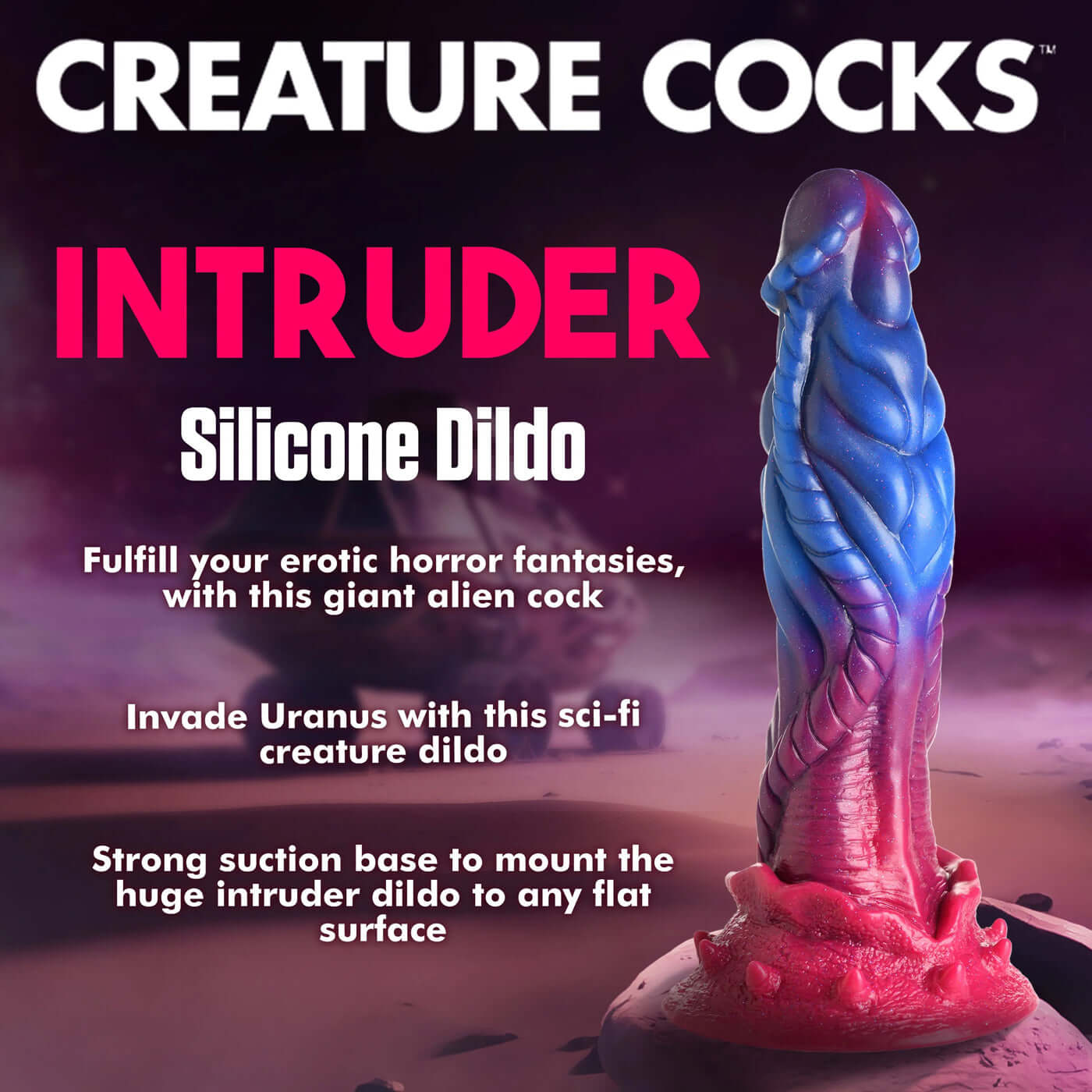 Intruder Alien Silicone Dildo with Star-Filled Glitter and Multiple Textures on a Strong Suction Base