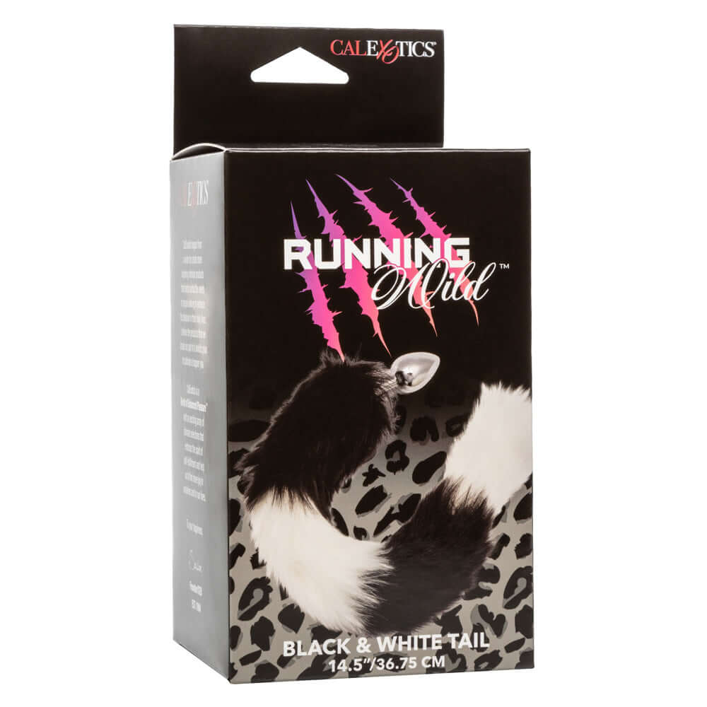 Packaging of Running Wild Tail Anal Plug in black and white colors with long luxurious tail featuring animal print design