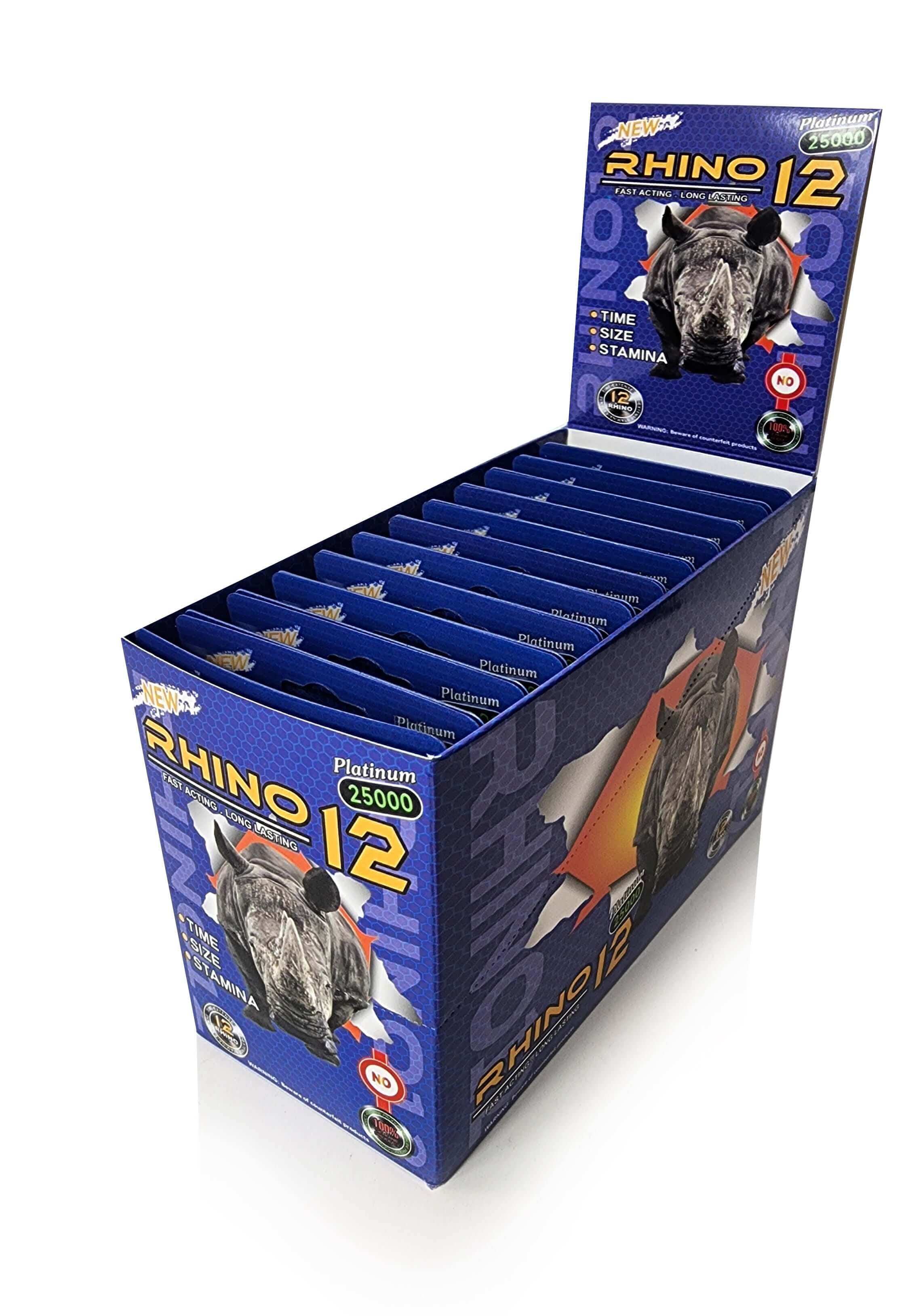 Rhino 12 Platinum 25000 Male Enhancement 2 Pack display featuring 24 blister packs for improved sexual performance and stamina.