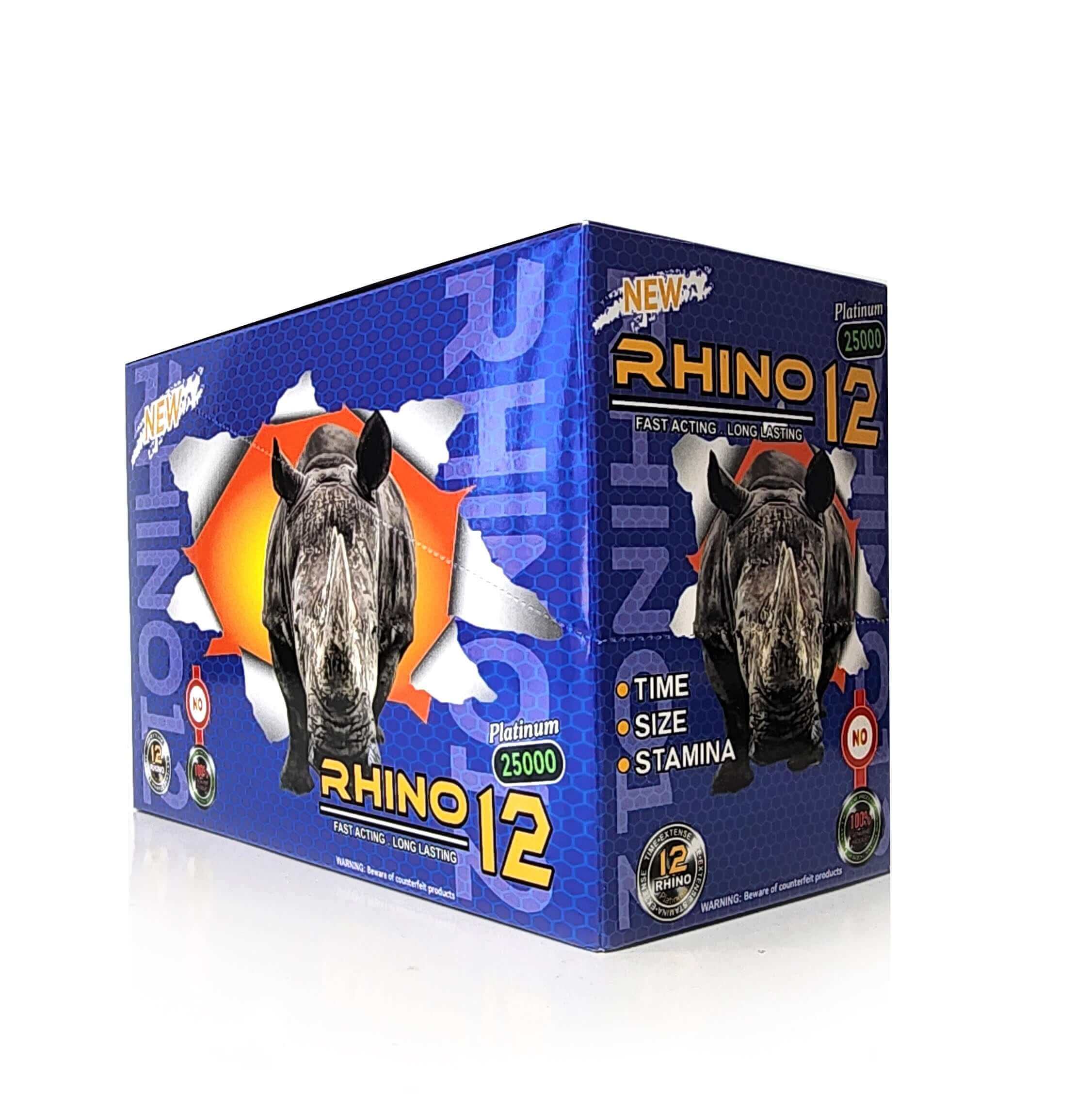 Rhino 12 Platinum 25000 male enhancement pill display box showcasing size, stamina, and performance benefits.