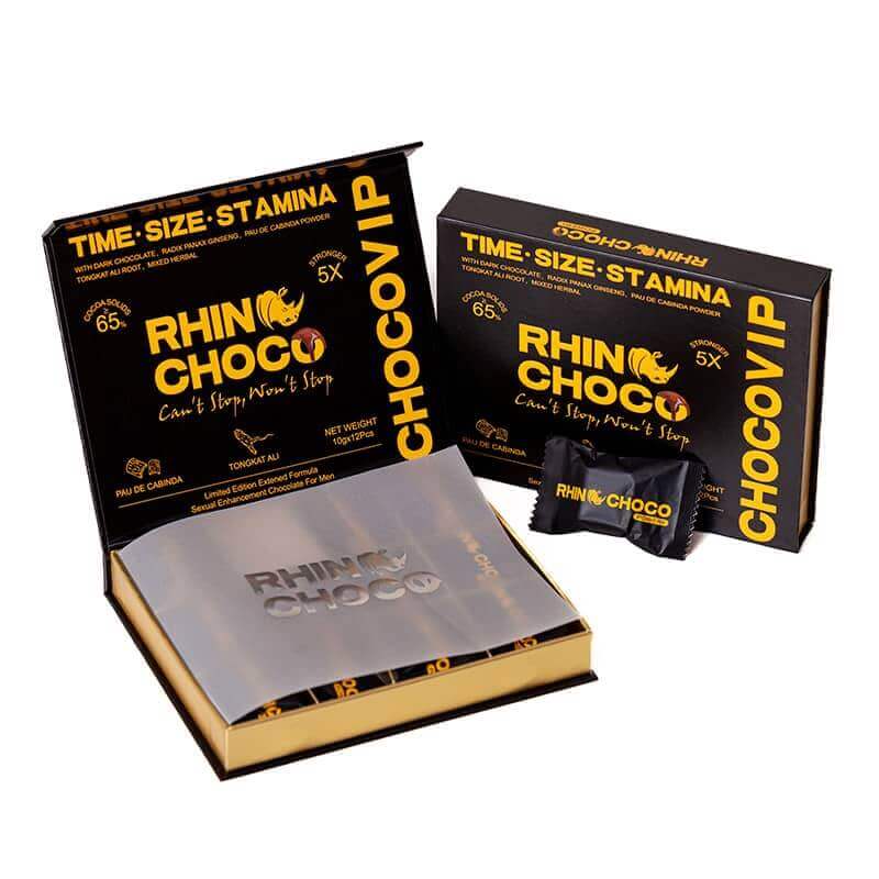 Rhino Choco VIP Chocolate display box with 12 pieces, designed to enhance male intimacy and performance.