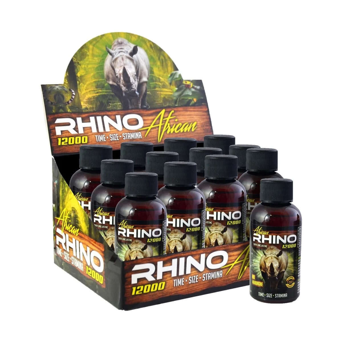 Display of African Rhino Shots 12000 bottles designed to enhance time, size, and stamina for intimate performance.