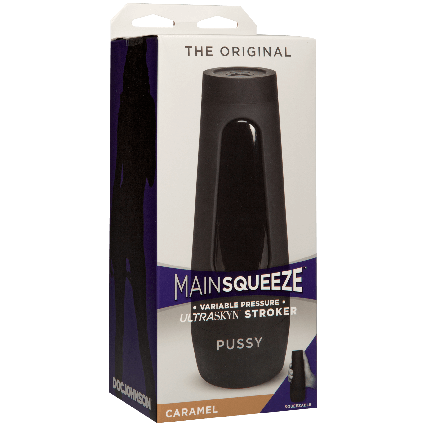 Main Squeeze Original Pussy Caramel stroker packaging with adjustable pressure and suction in hard case for easy travel and cleaning