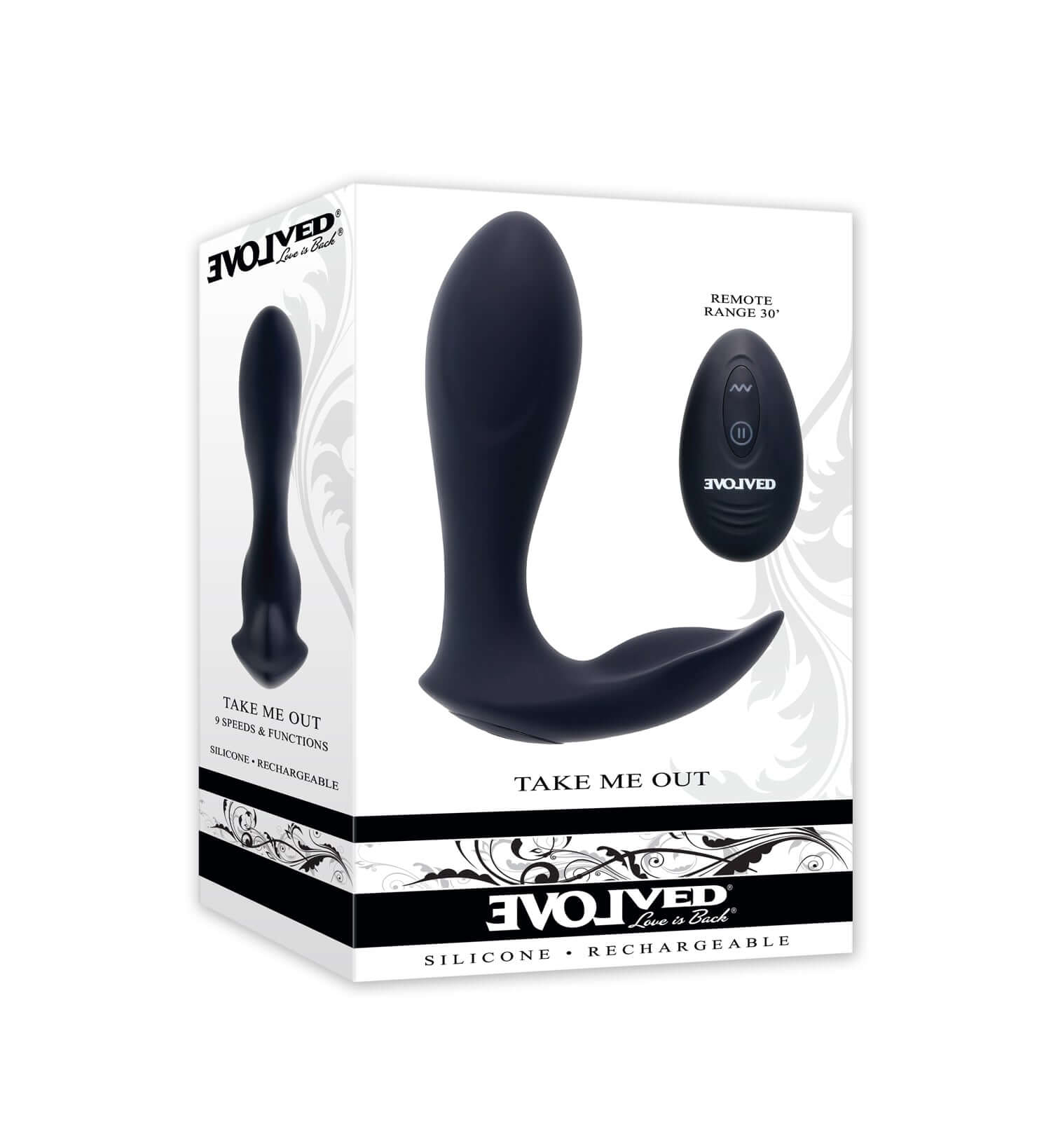 Take Me Out Remote Controlled Anal Massager box packaging featuring a sleek black design and remote control features.