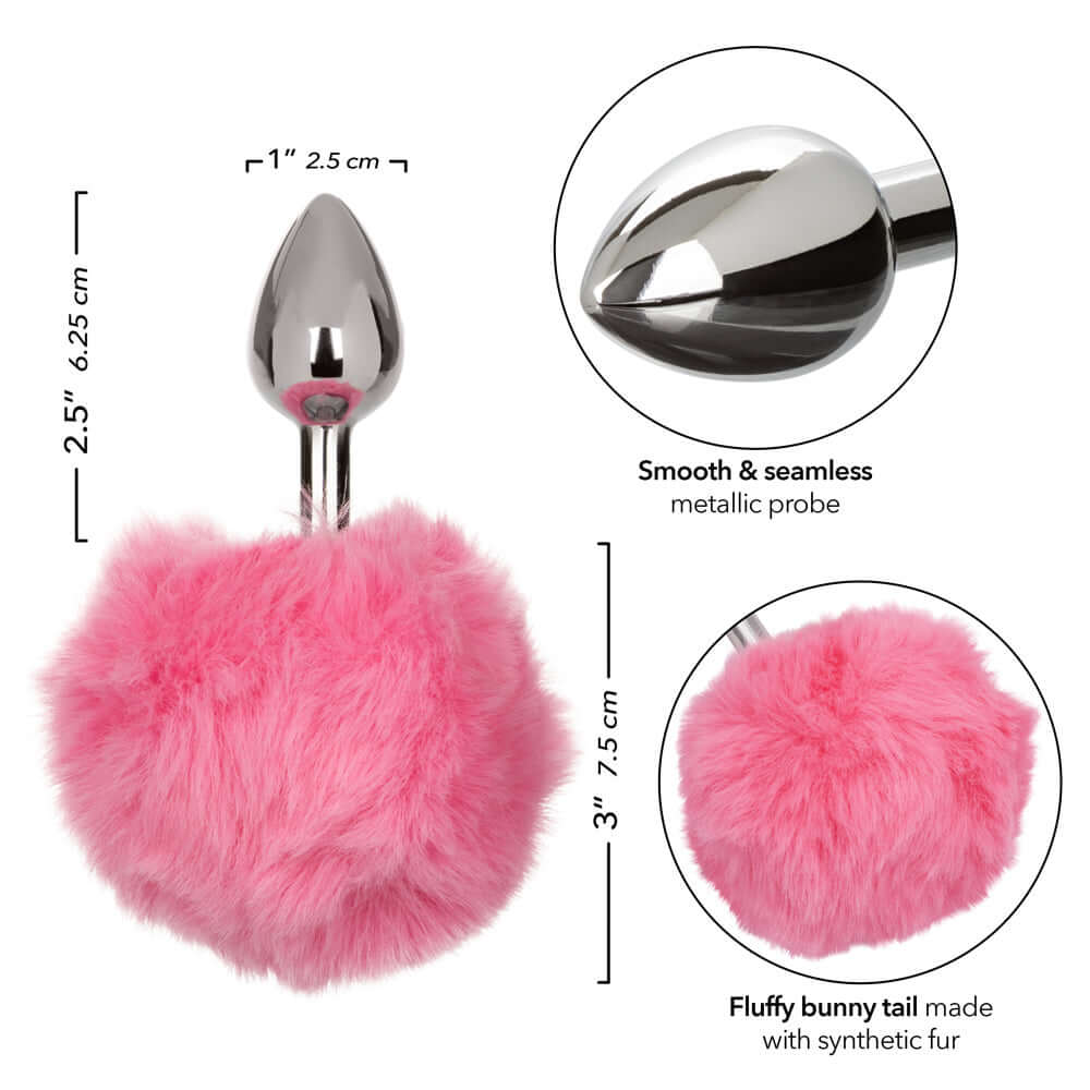 Pink fluffy bunny tail anal plug with a smooth and seamless metallic probe for enhanced stimulation and playful sensual experiences.