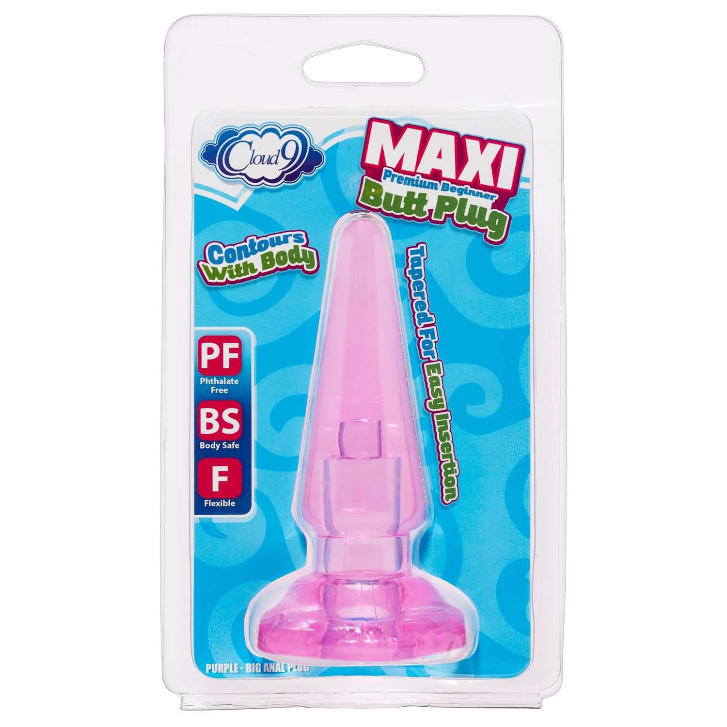 Purple Maxi Butt Plug in packaging, tapered design for beginners, made of body-safe TPR, phthalate and latex free with flexible base.