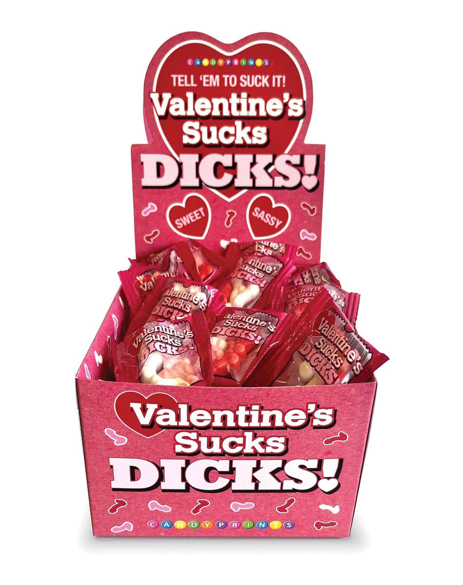 "Valentine’s Sucks Dicks candy display box with mini packs, perfect for anti-Valentine's Day humor and sweet treats."