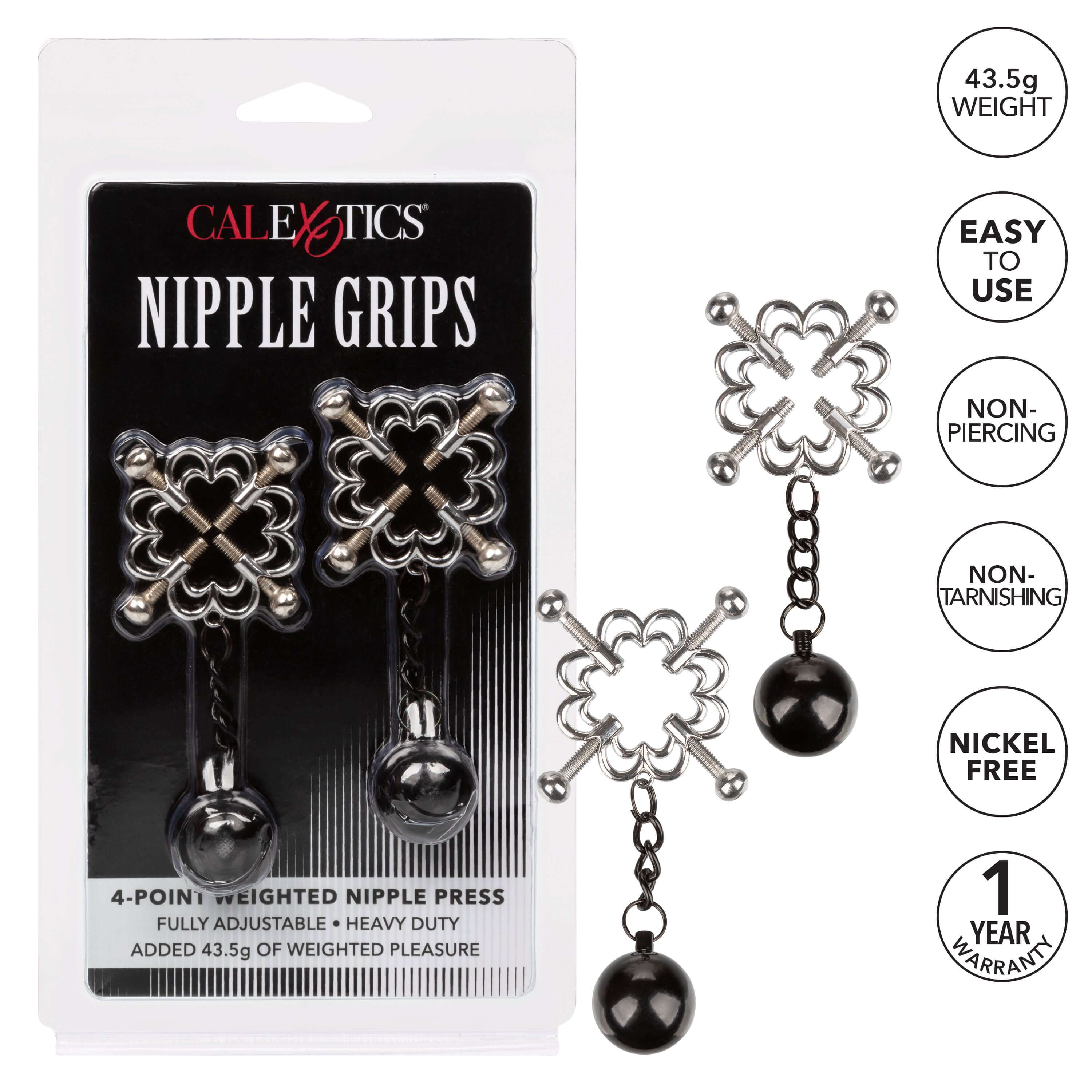 Nipple Grips 4-Point Weighted Nipple Press with packaging, showing adjustable clamps with weights, key features, and one-year warranty.