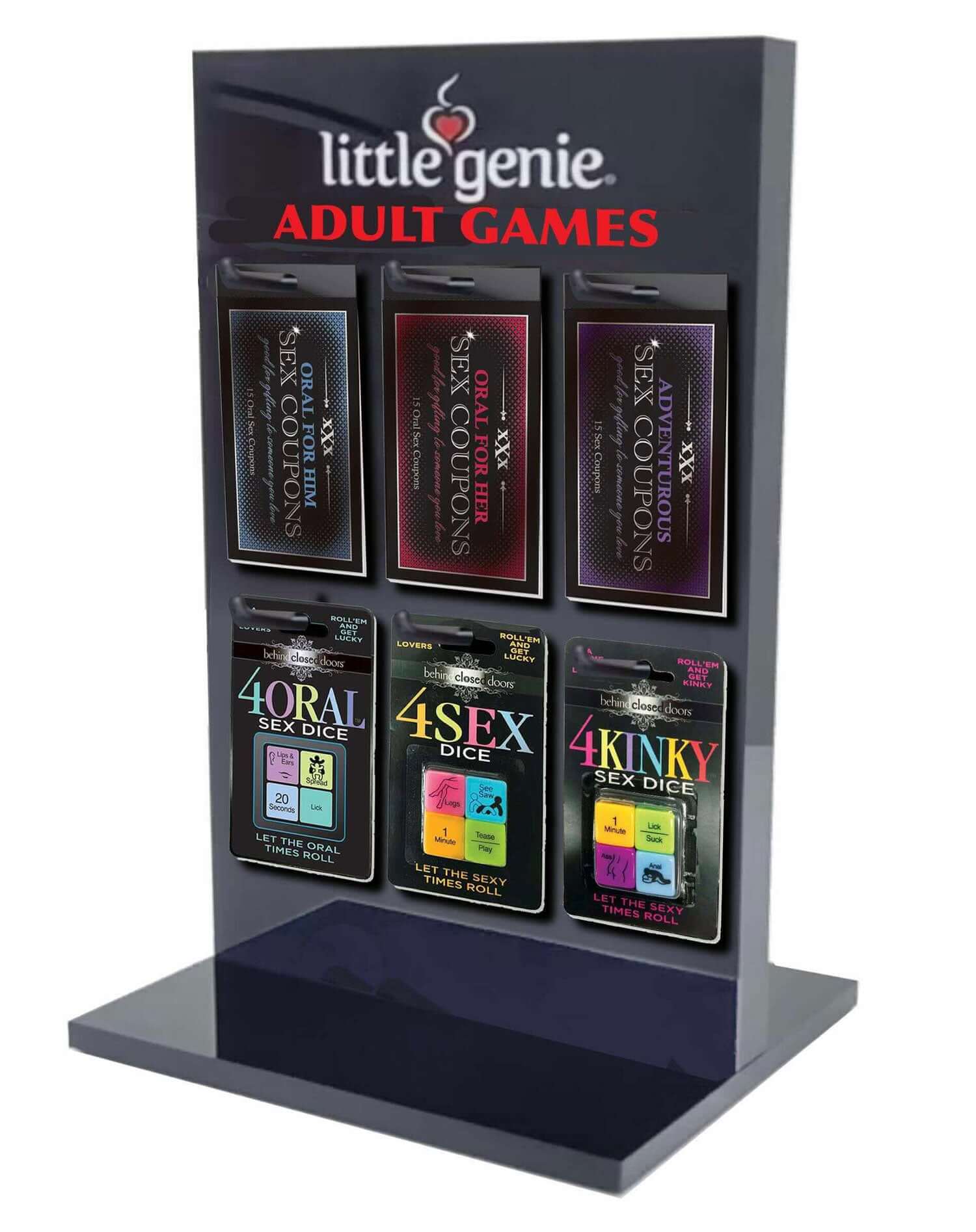 Adult games retail display with Little Genie products including sex dice and sexy coupons.