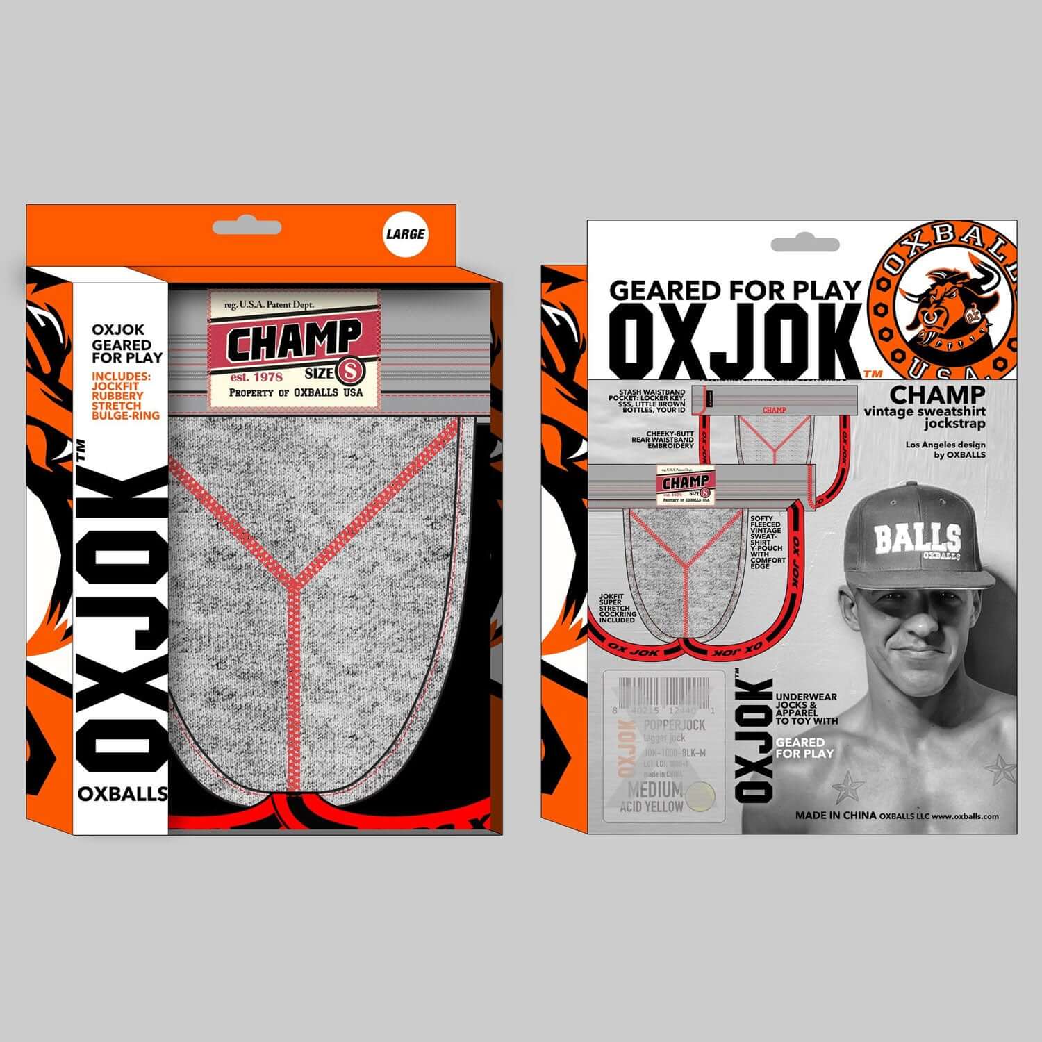 OxJok Champ Vintage Sweatshirt Jockstrap Gray Heather XL in retail packaging, showcasing front and back views, designed for comfort and style.